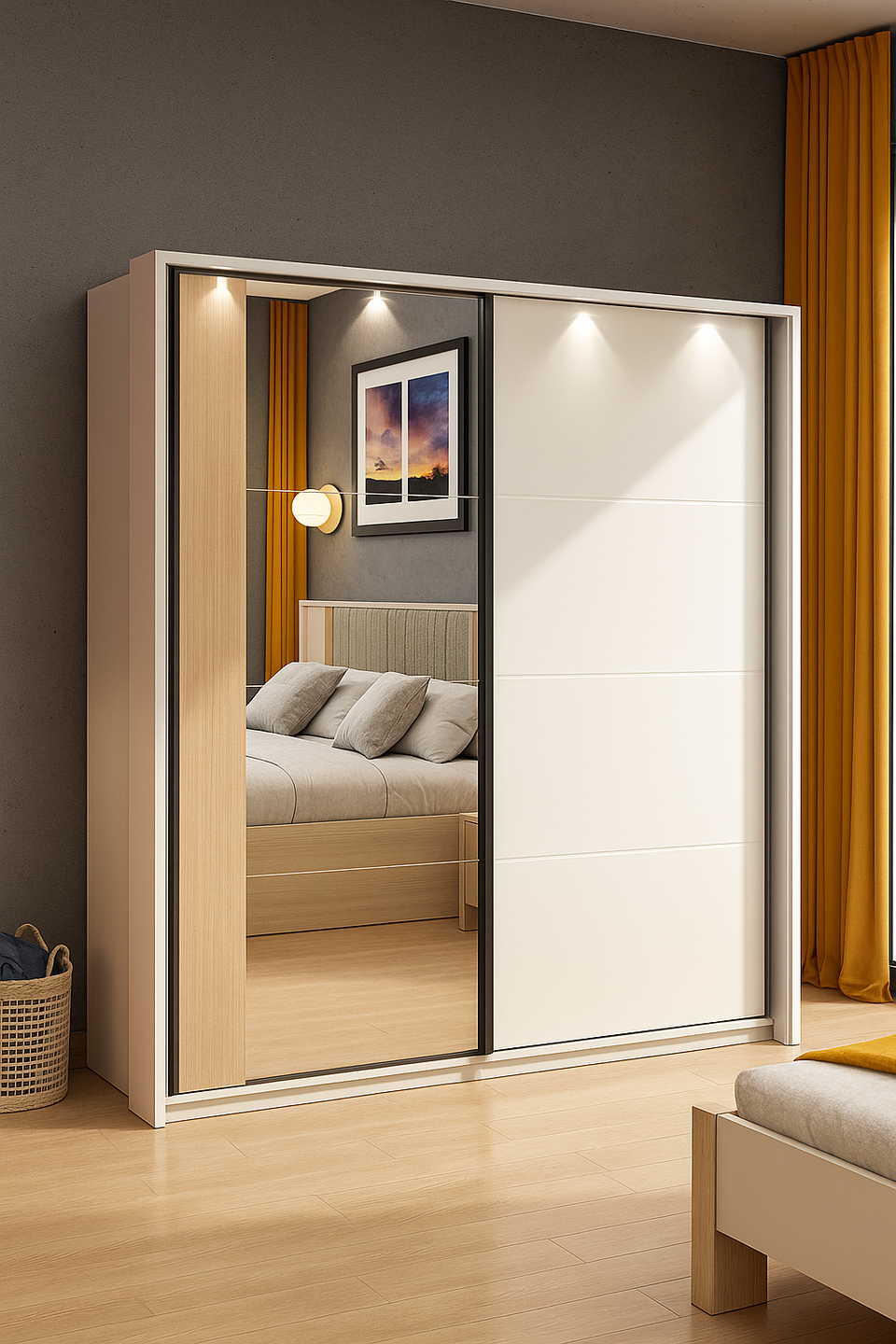 Large mirrored sliding door wardrobe in cashmere and artisan oak effect with modern design, ideal for bedroom storage.