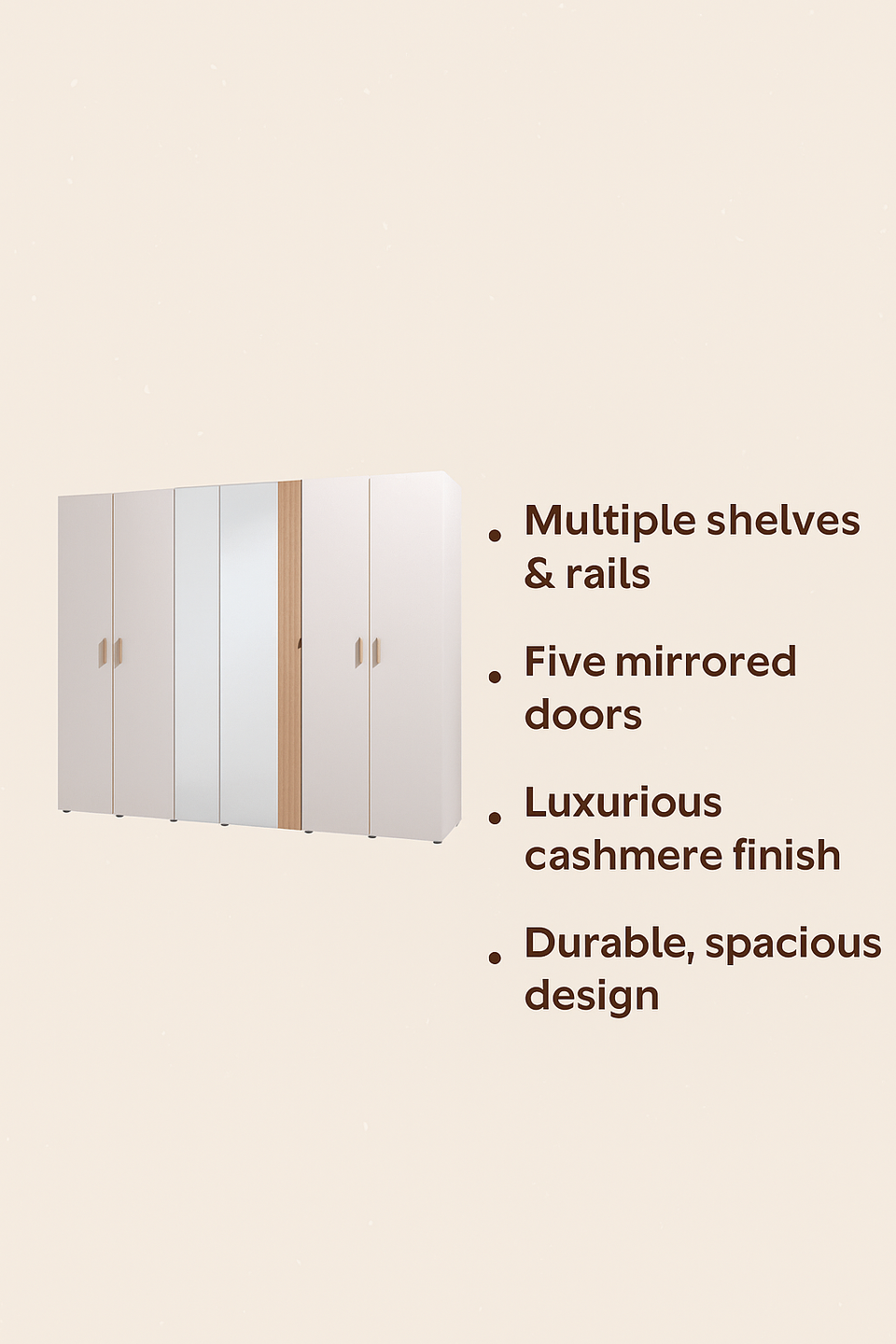 Lavish Kitchen Isle cashmere and oak effect 5-door mirrored wardrobe with sleek doors and modern bedroom storage design.