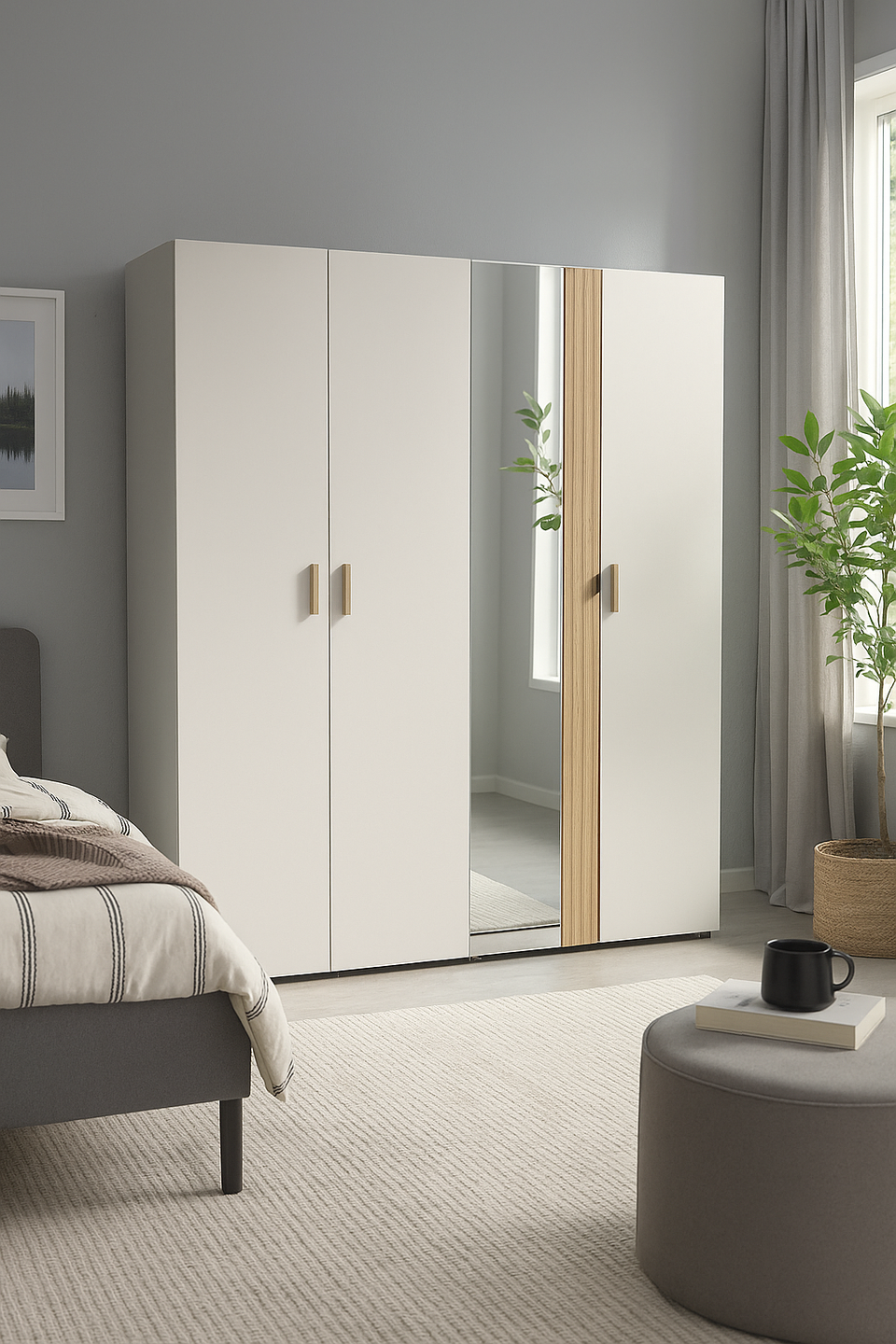 Cashmere and Oak Effect 5 Door Mirrored Wardrobe – Modern Bedroom Storage