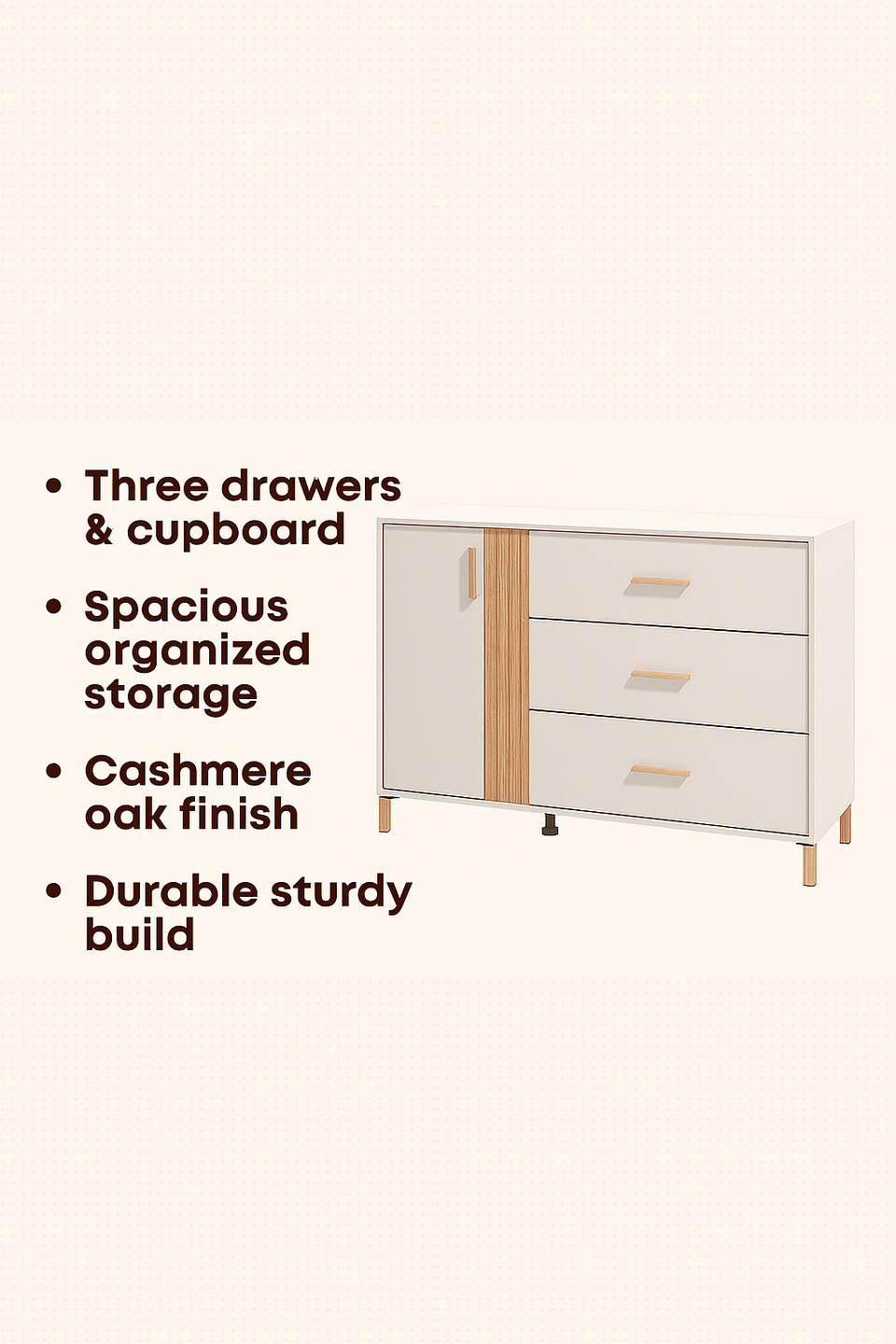 Lavish Kitchen Isle Lagdu cashmere and oak effect chest of drawers with three drawers and one cupboard, white oak finish.