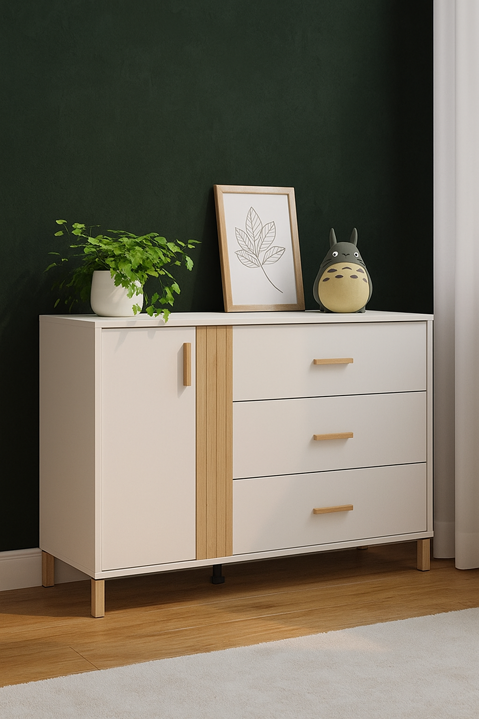 Lagdu cashmere and oak effect chest of drawers with 3 drawers and a cupboard, stylish storage unit from Lavish Kitchen Isle.