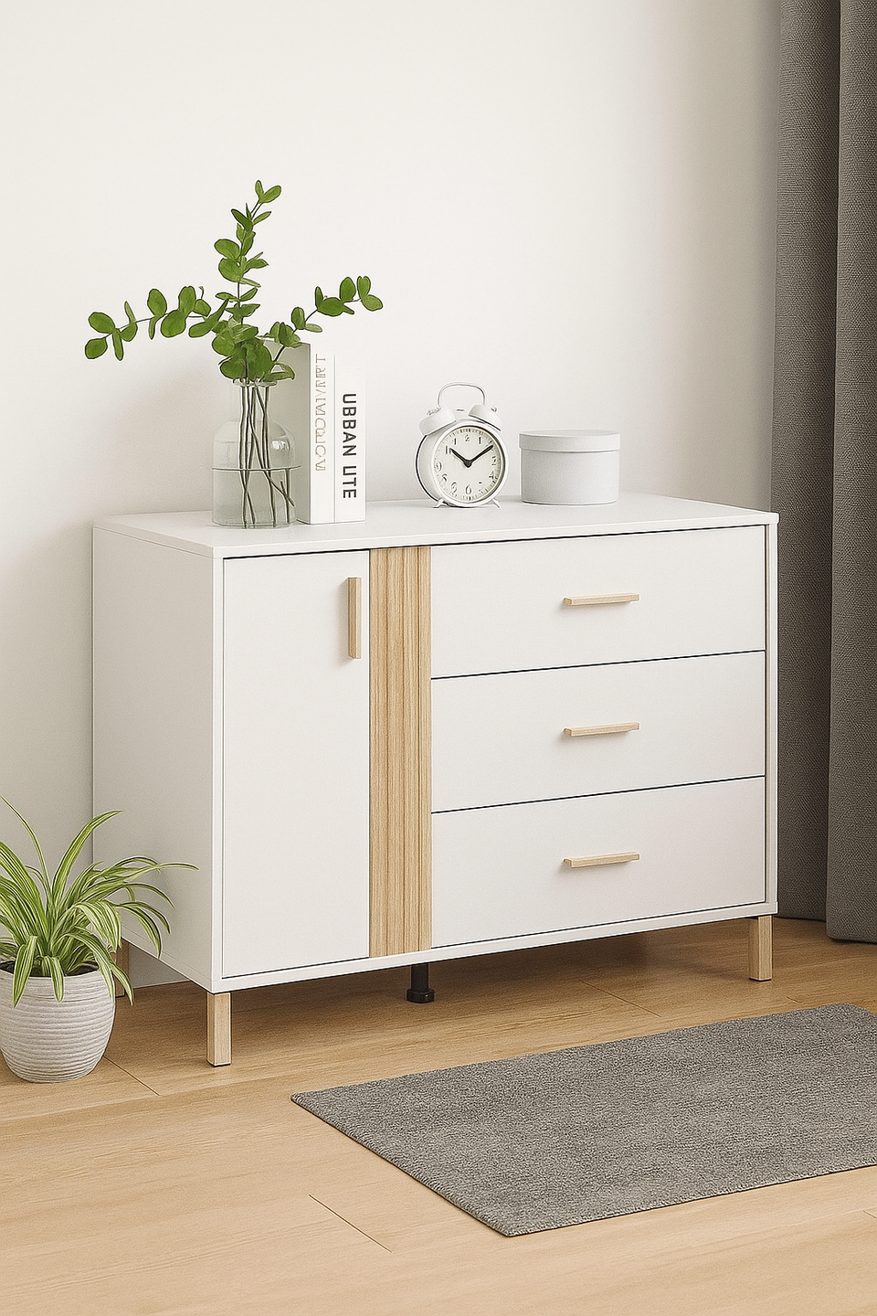 Lagdu cashmere and oak effect chest of drawers by Lavish Kitchen Isle with 3 drawers and 1 cupboard in a cozy room setting.