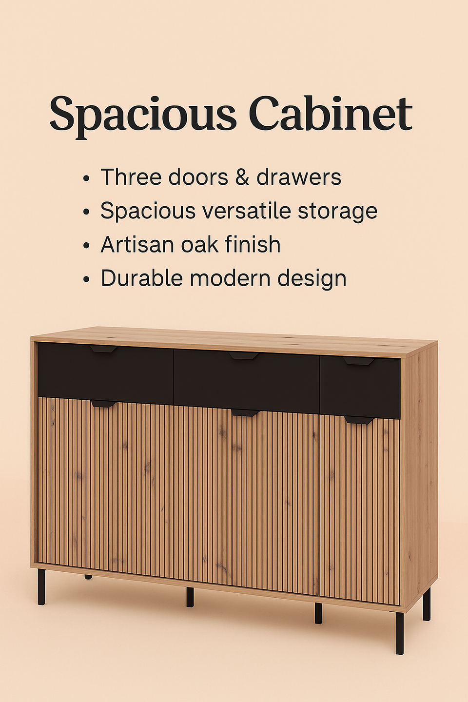 Lavish Kitchen Isle 3-door, 3-drawer sideboard in artisan oak effect with black accents, modern storage cabinet for home or dining room