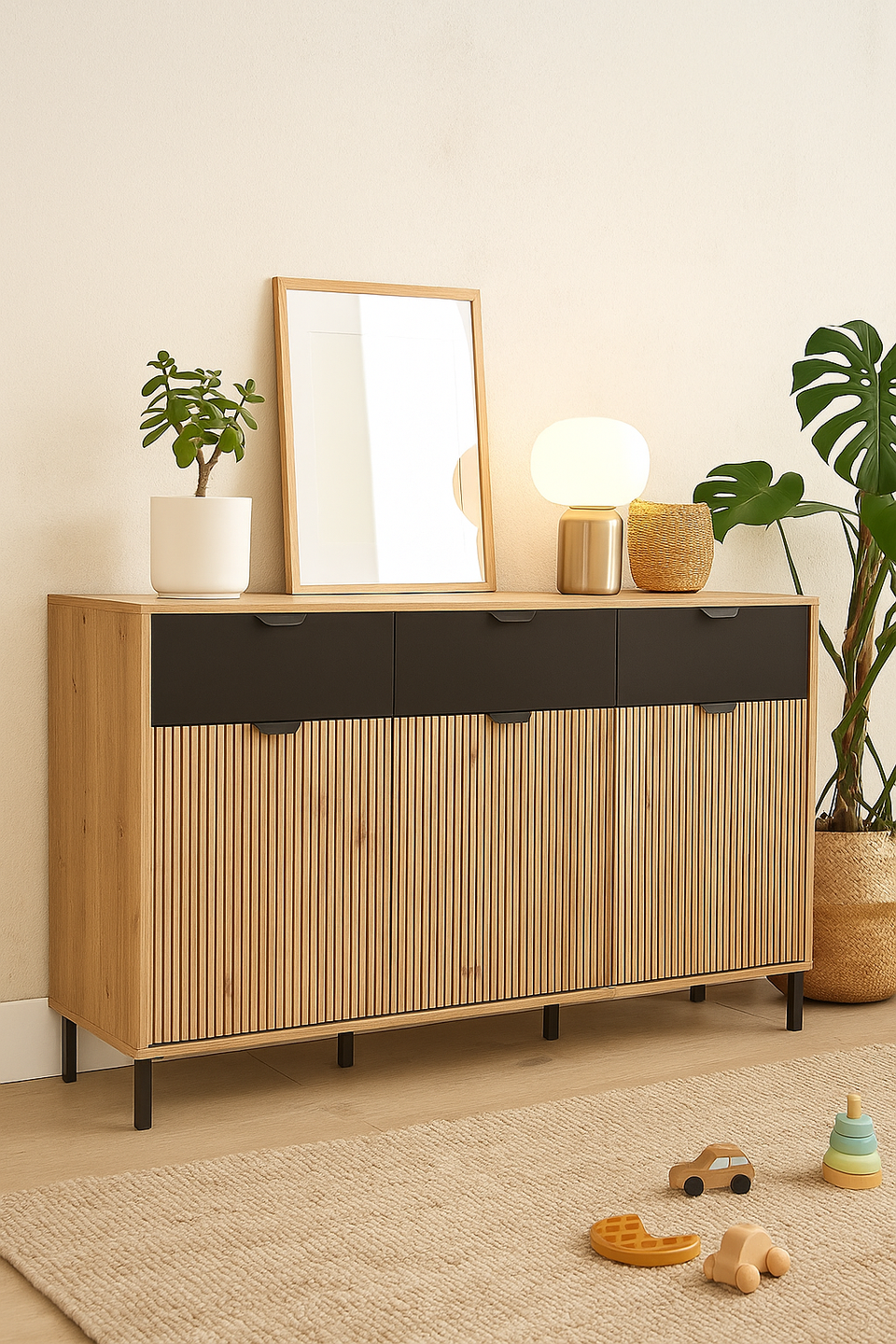 Modern Lavish Kitchen Isle sideboard with 3 doors, 3 drawers, artisan oak effect finish, and black accents for stylish storage.