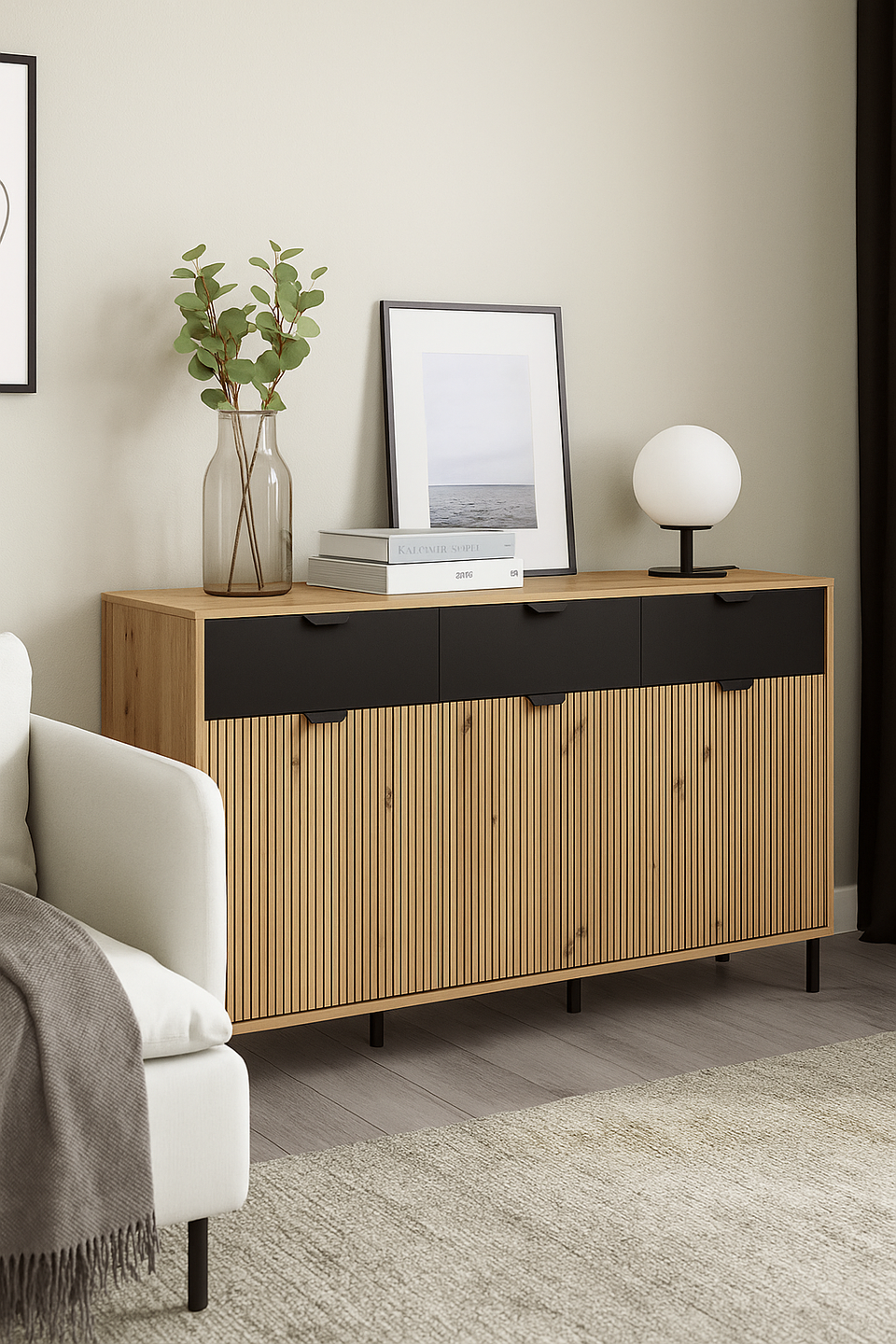 Lavish Kitchen Isle 3-door, 3-drawer sideboard with artisan oak effect finish and black accents, modern storage cabinet in use.