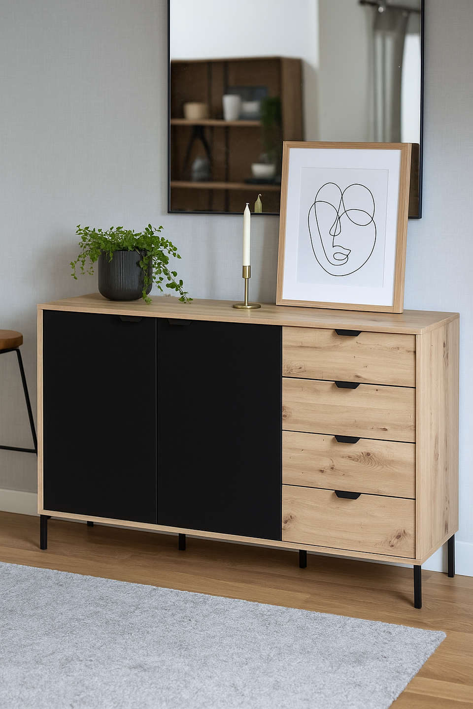 Artisan Oak Effect and Black Sideboard – 2 Door 4 Drawer Storage Cabinet