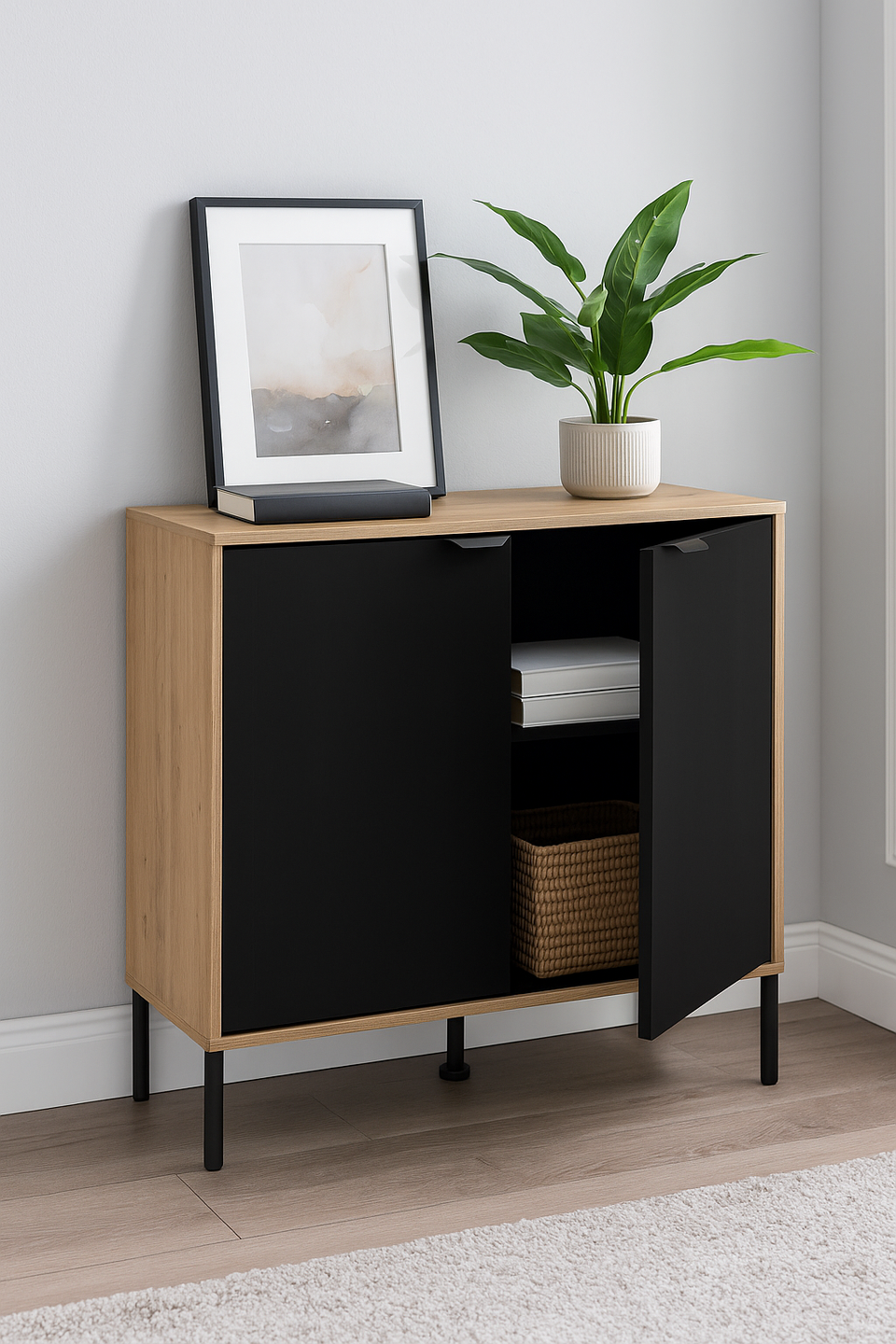 Artisan Oak Effect and Black Small Sideboard – 2 Door Storage Cabinet