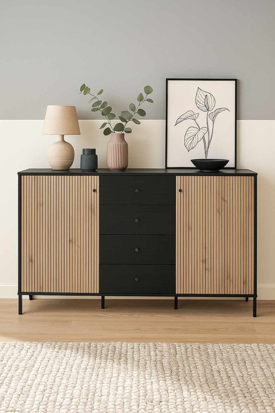 Slatted Artisan Oak Effect & Black Sideboard – 2 Door 4 Drawer Storage Cabinet