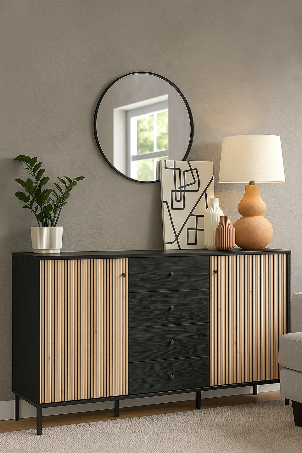 Slatted Artisan Oak Effect & Black Sideboard – 2 Door 4 Drawer Storage Cabinet