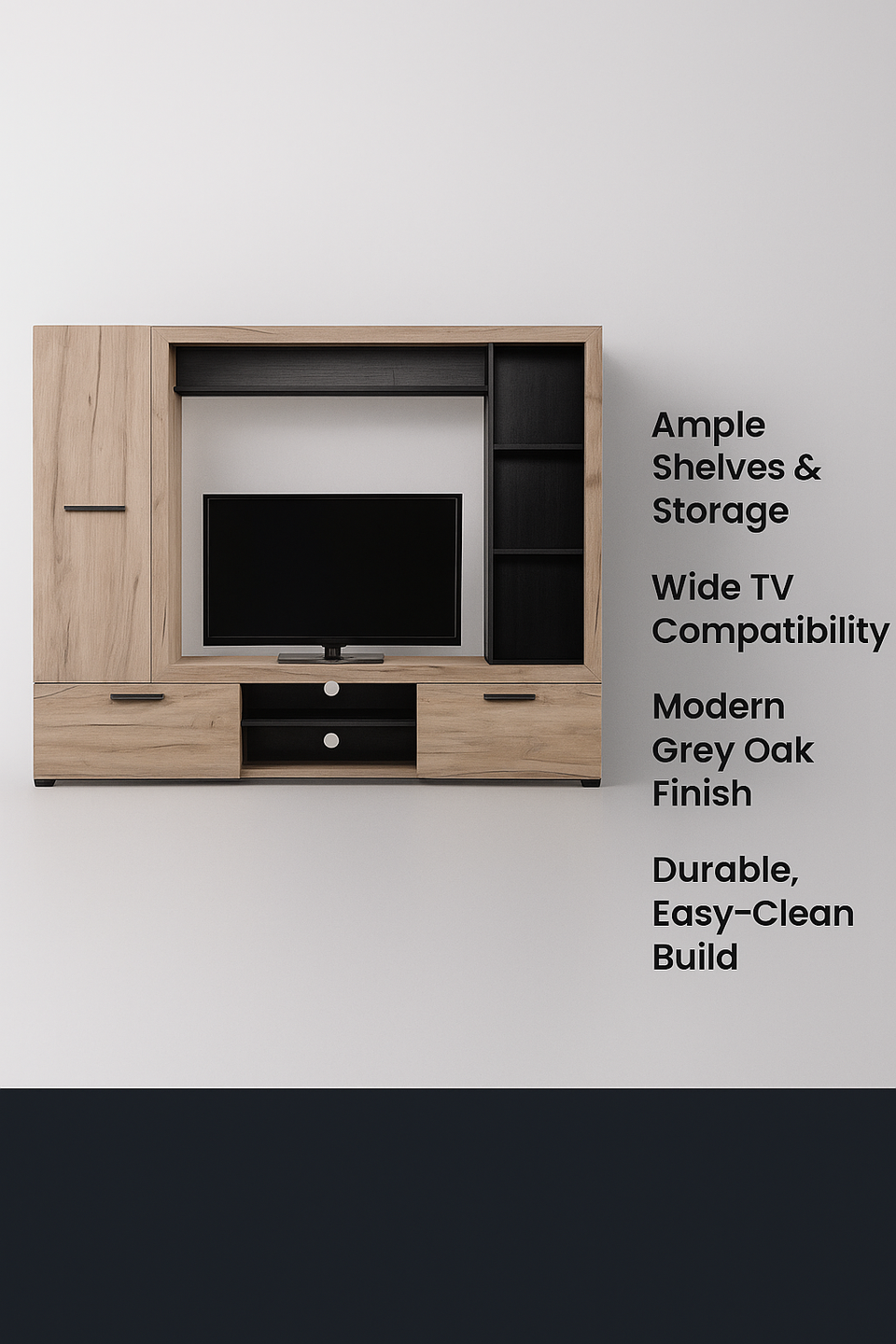 Grey oak effect and black entertainment unit with three doors and six shelves, modern TV stand with sleek design.