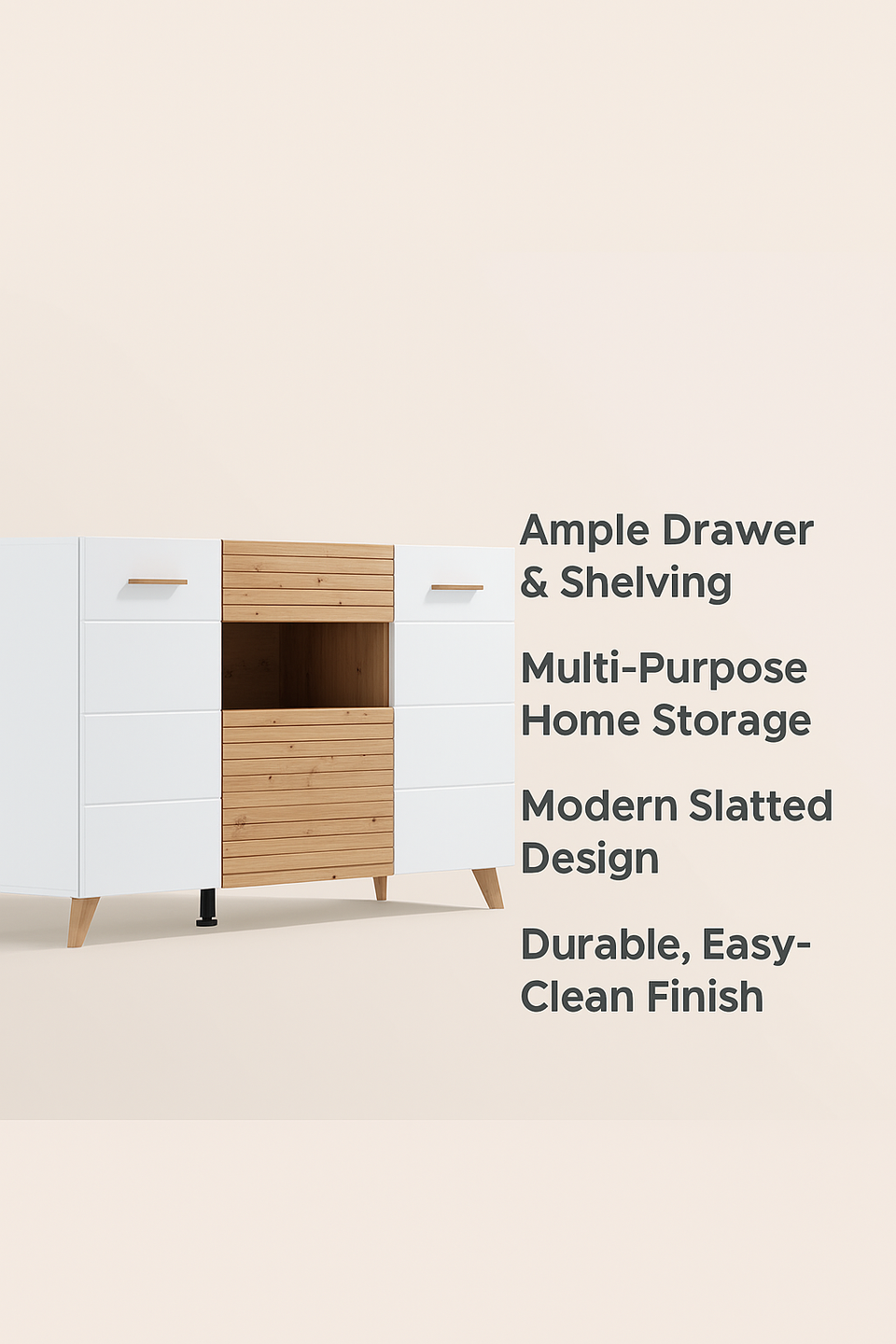 Lavish Kitchen Isle Flux slatted oak effect and white gloss sideboard with drawers, doors, and shelf for living or dining room storage