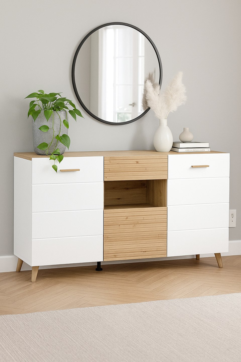 Lavish Kitchen Isle Flux slatted oak effect and white gloss sideboard with drawers, doors, and shelf for living or dining room storage.