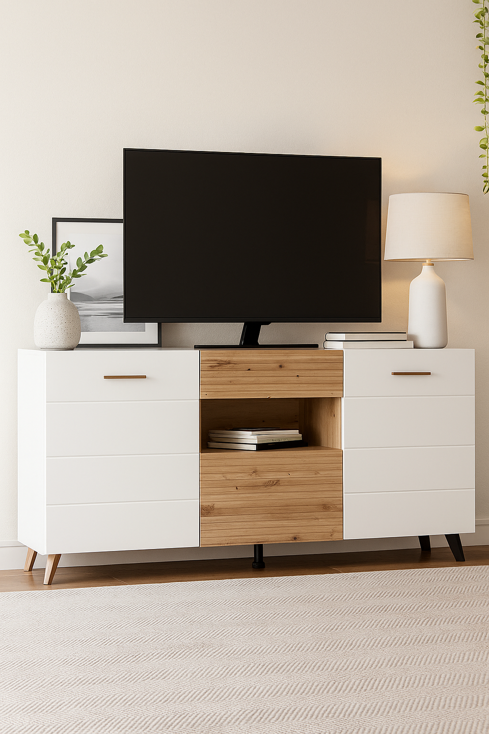 Lavish Kitchen Isle Flux slatted artisan oak effect and white gloss sideboard with drawers, doors, and shelf for living or dining room.