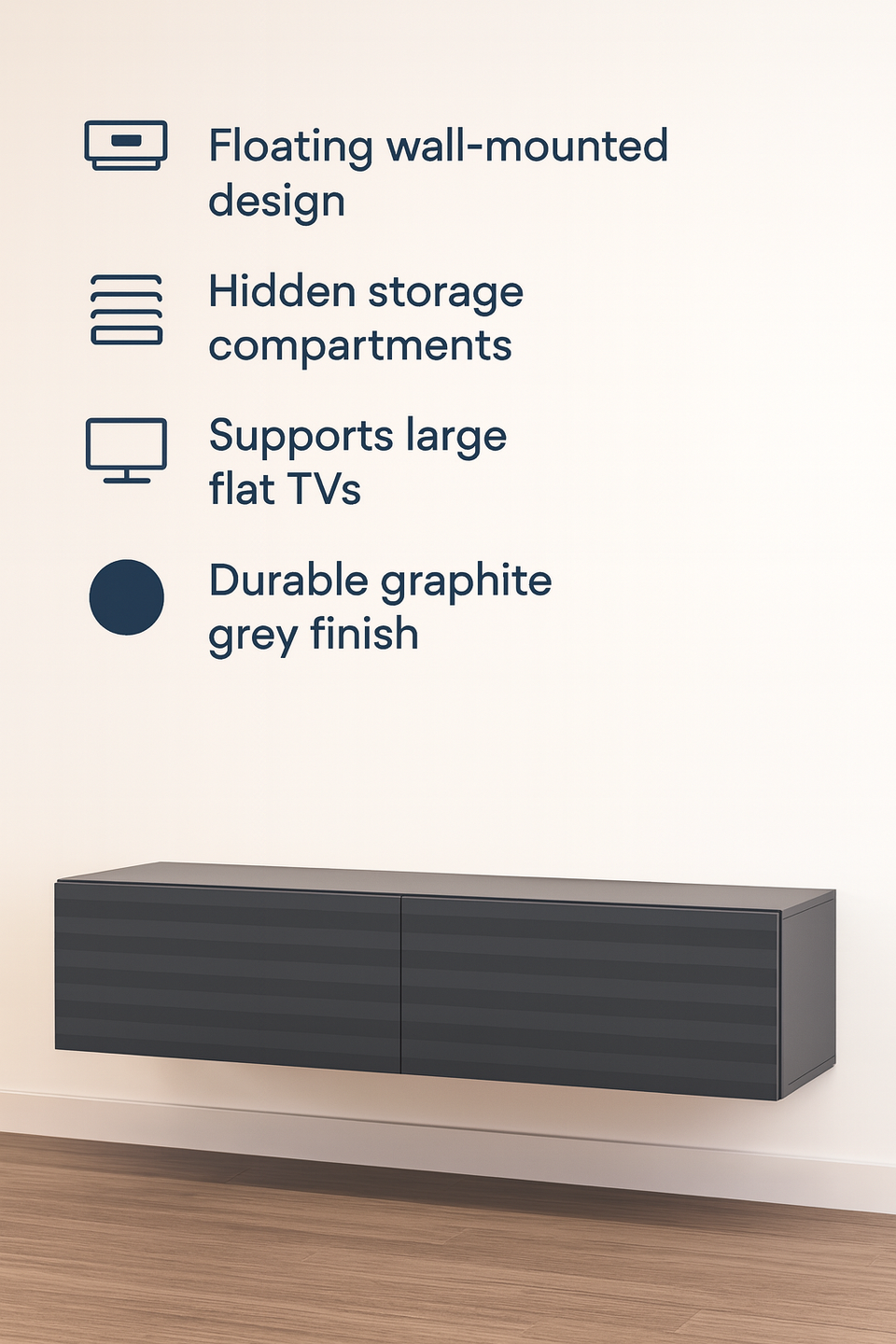 Graphite grey wall-mounted floating TV unit with storage, 154cm wide modern cabinet by Lavish Kitchen Isle.