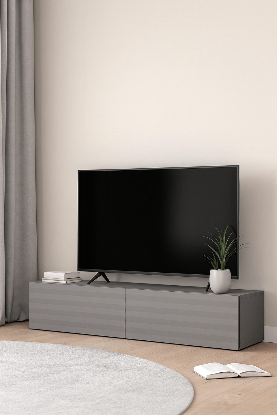 Graphite grey wall-mounted floating TV unit with sleek design, 154cm wide modern cabinet with storage from Lavish Kitchen Isle