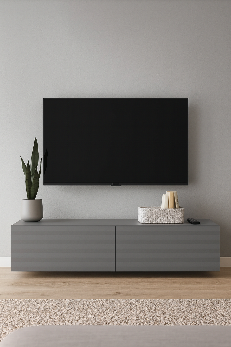 Graphite grey wall-mounted floating TV unit, 154cm wide, modern design with storage from Lavish Kitchen Isle.