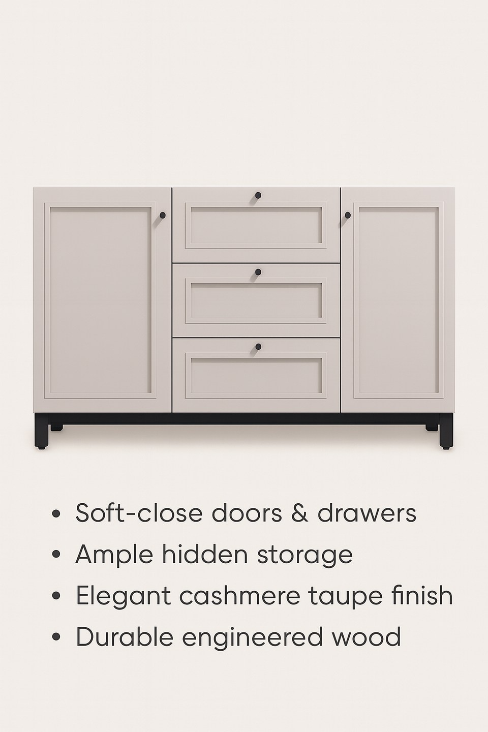 Modern taupe storage cabinet with shelves and drawers