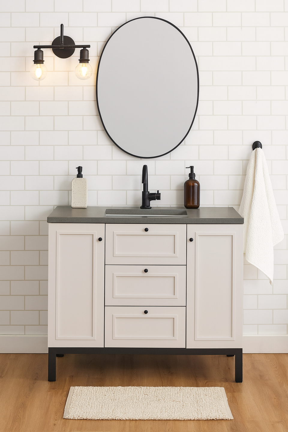Modern taupe storage cabinet with shelves and drawers
