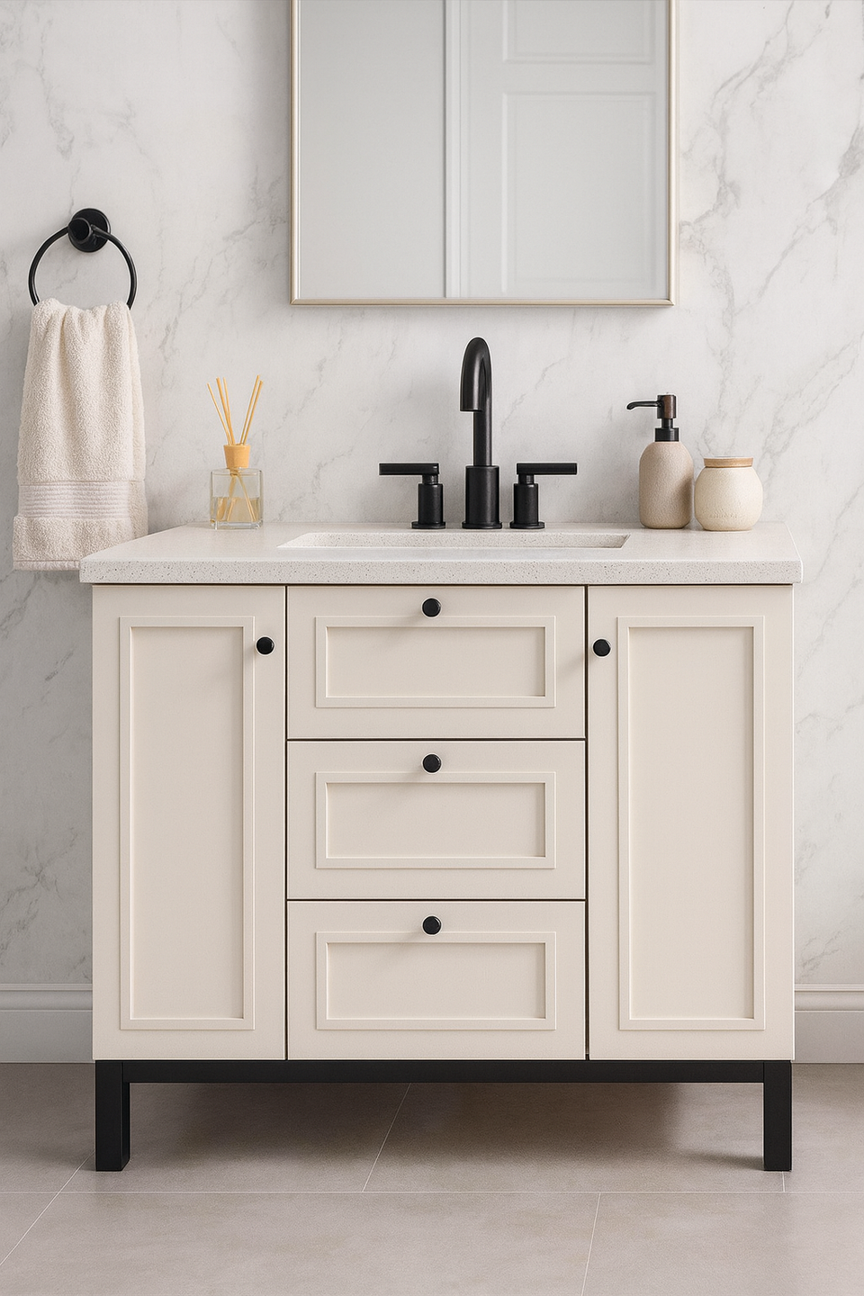 Modern taupe storage cabinet with shelves and drawers