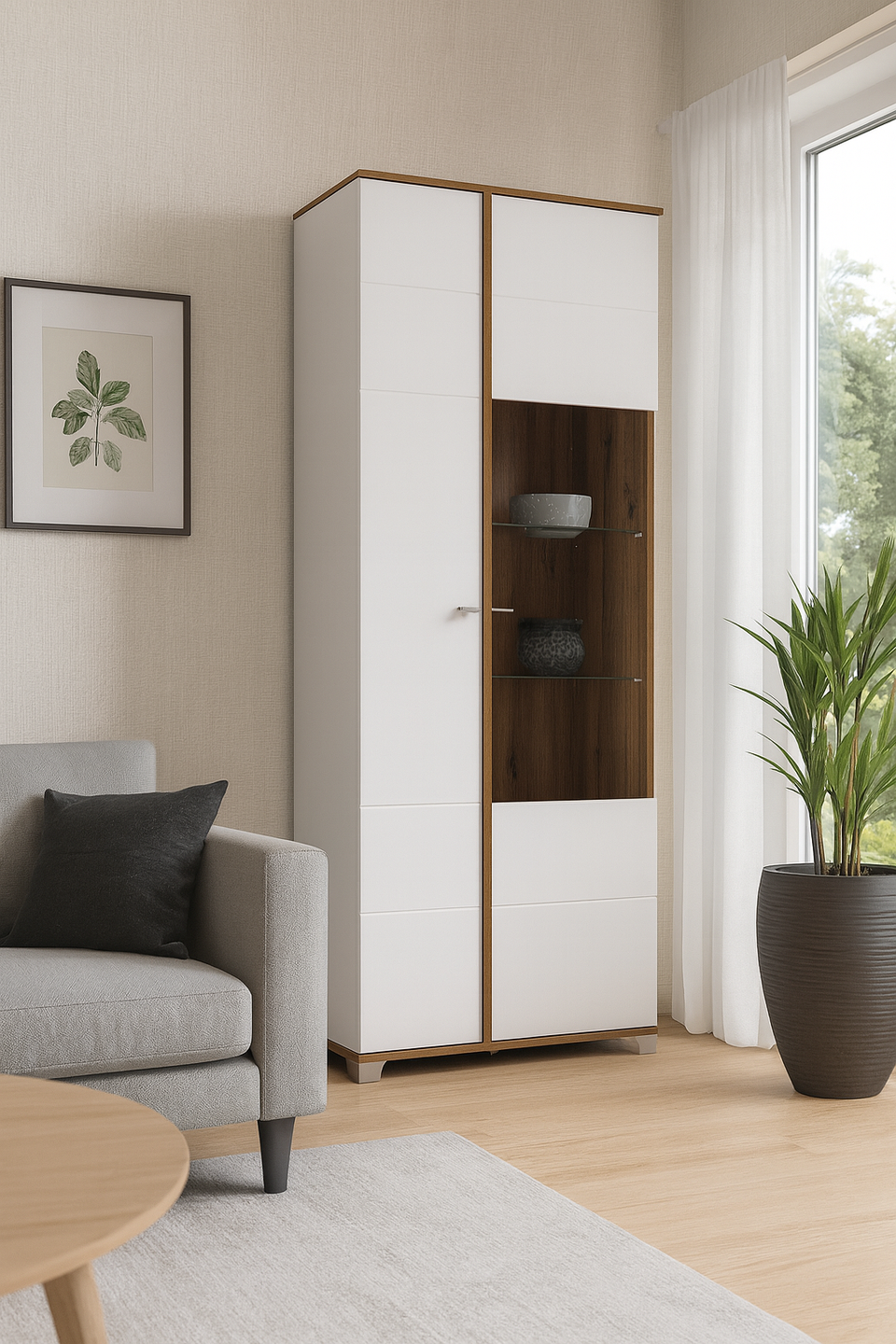 White high-gloss display cabinet with oak-effect finish and 8 shelves