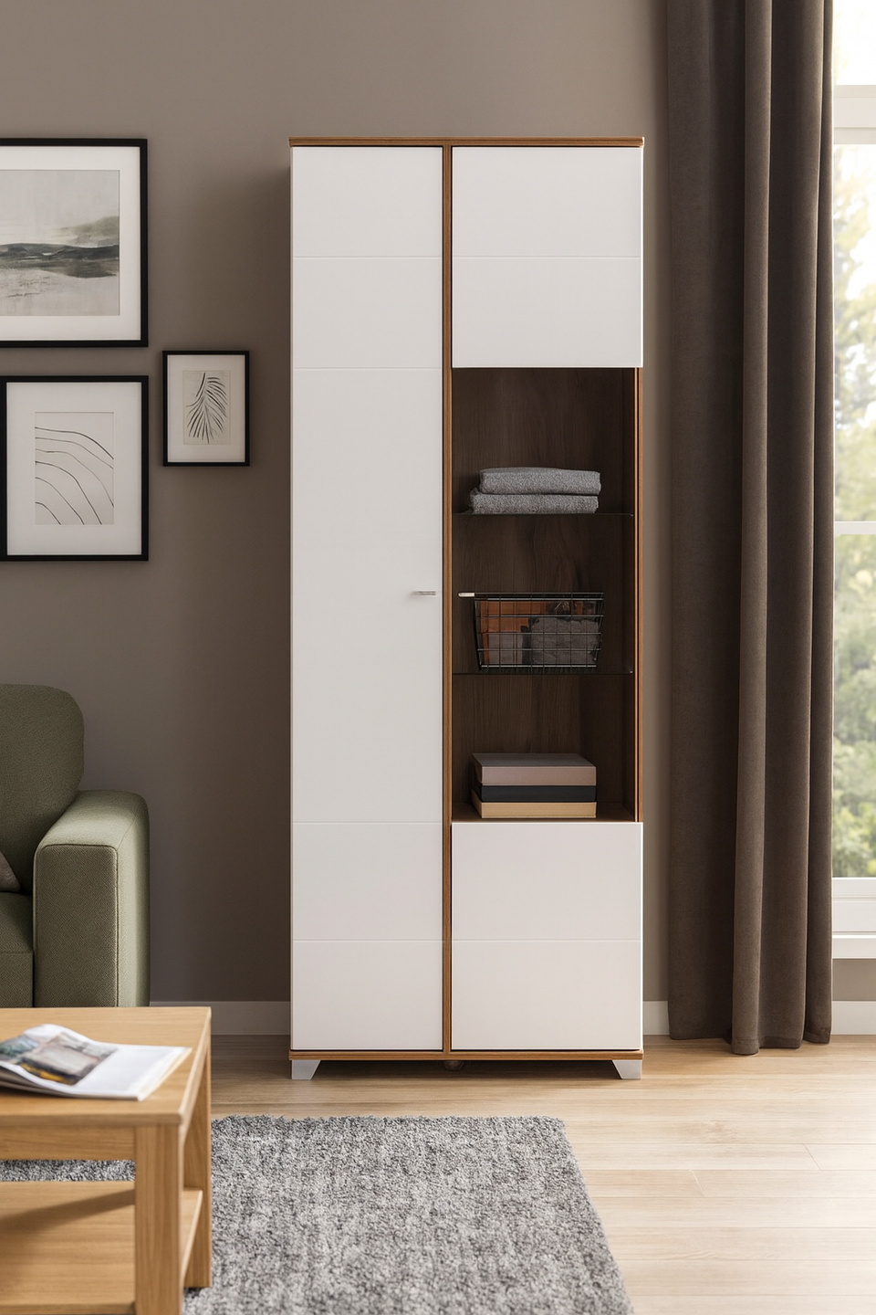 White high-gloss display cabinet with oak-effect finish and 8 shelves