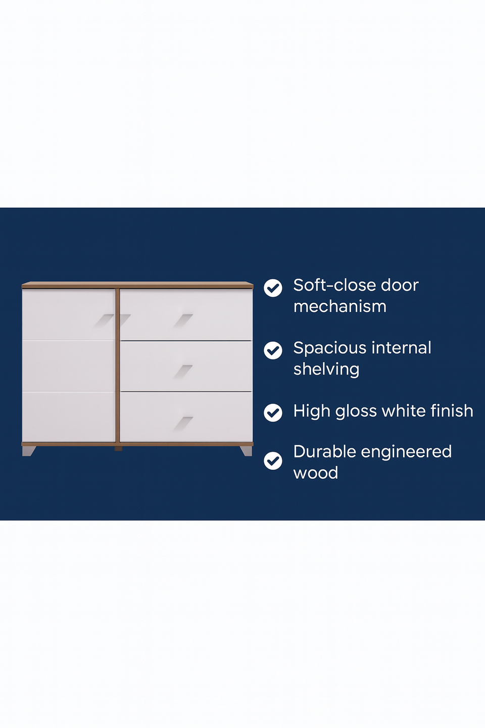 Modern white high gloss sideboard with 4 shelves and 2 doors