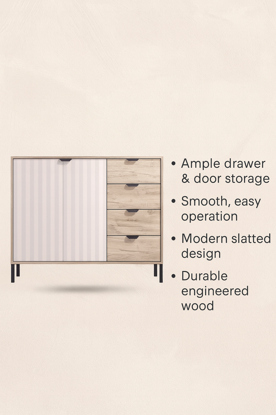 Grey oak effect and cashmere sideboard with slatted detailing – 2 doors and 4 drawers