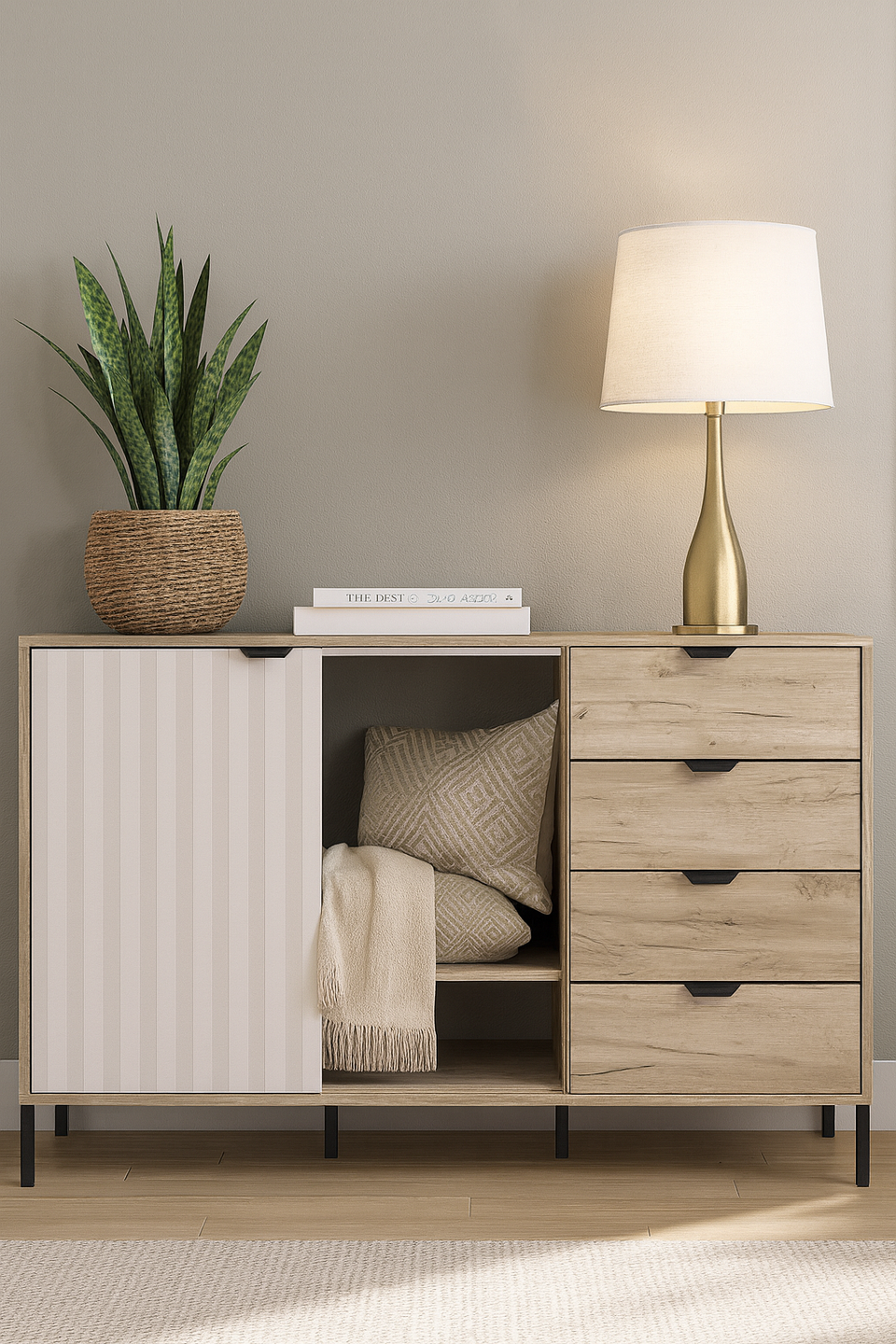 Grey oak effect and cashmere sideboard with slatted detailing – 2 doors and 4 drawers