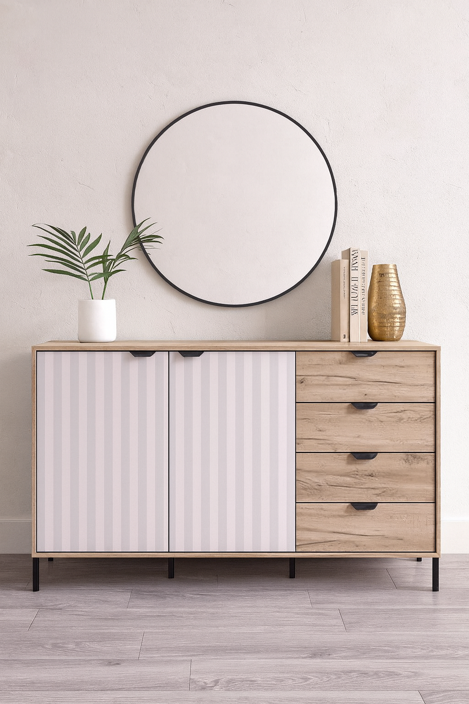 Grey oak effect and cashmere sideboard with slatted detailing – 2 doors and 4 drawers