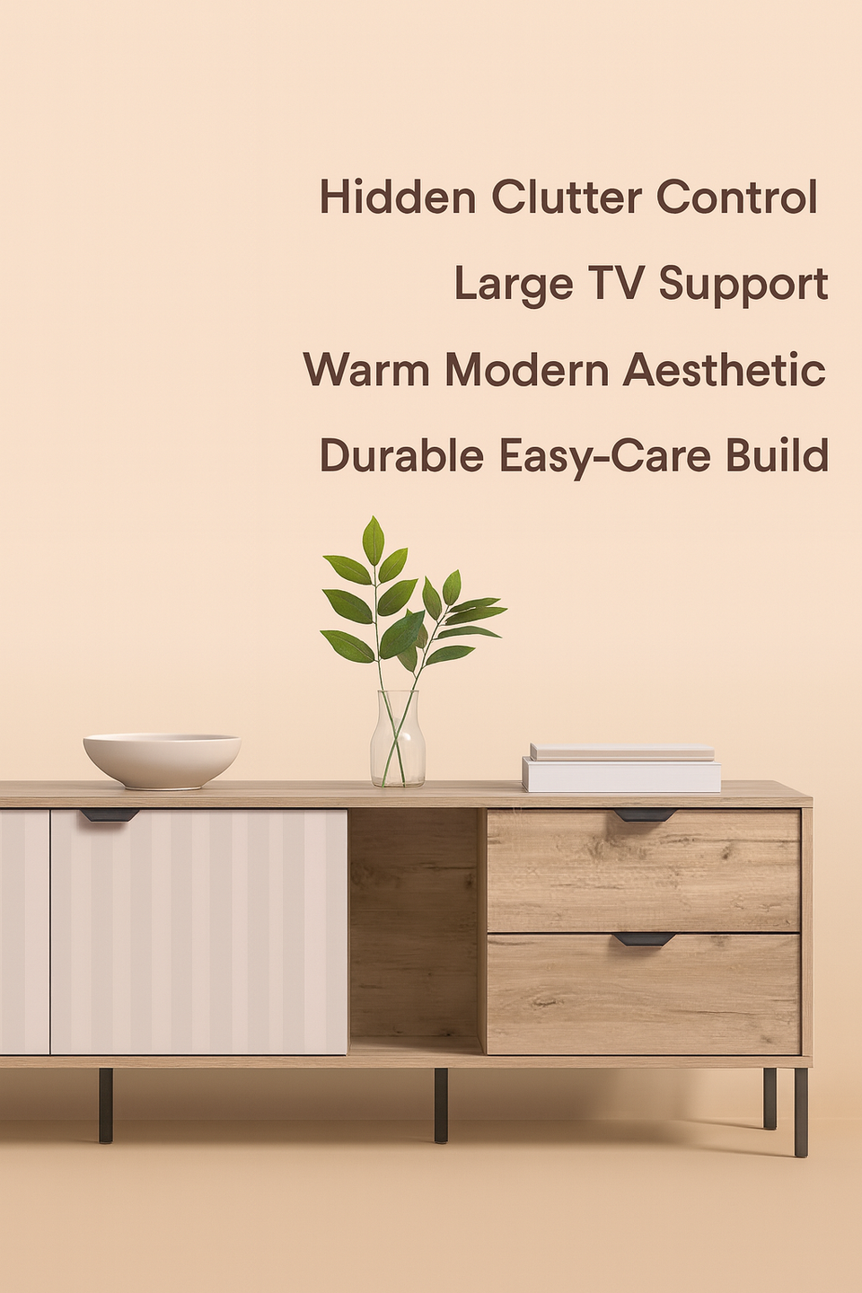 Contemporary TV stand cabinet with ample storage and slatted design