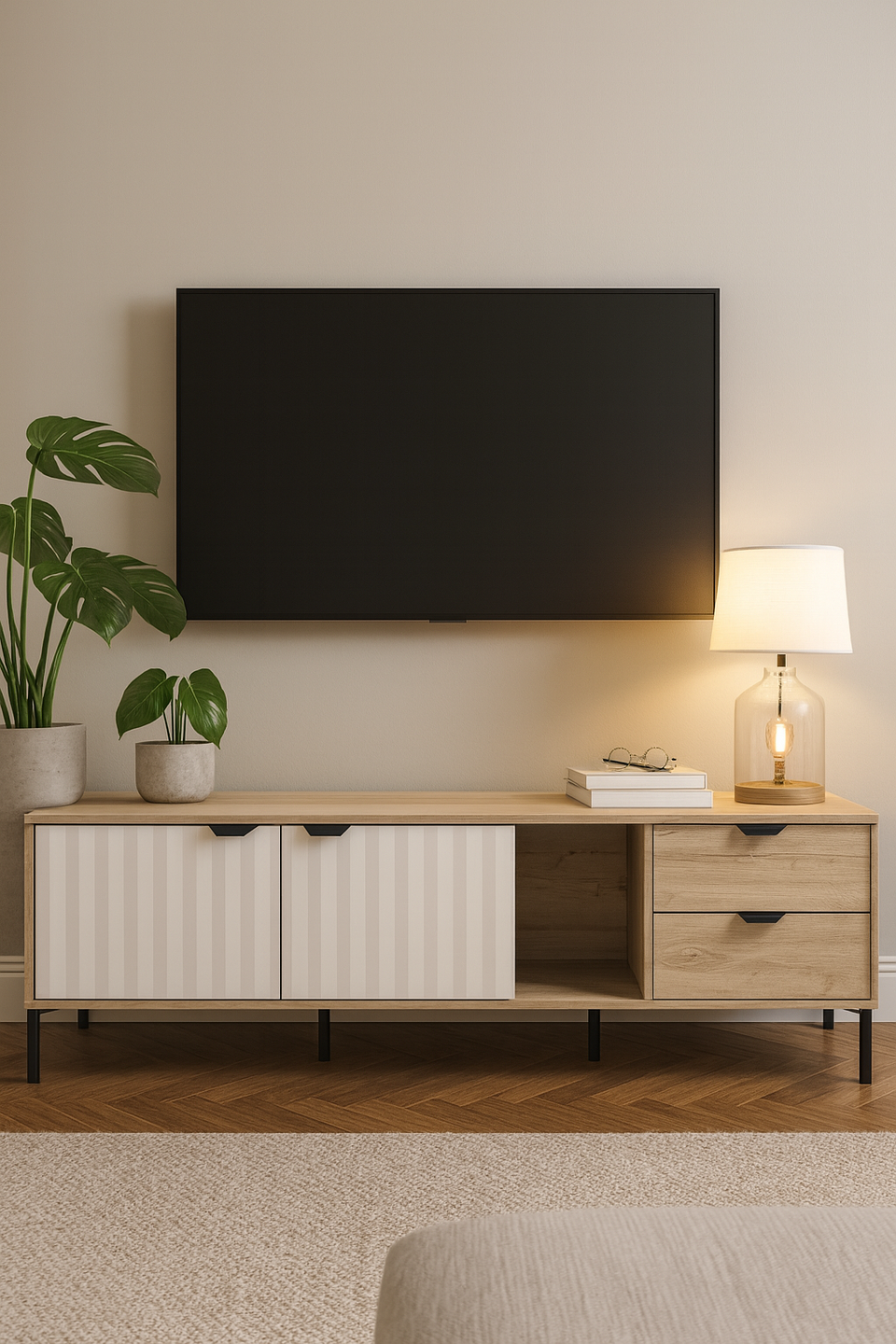 Contemporary TV stand cabinet with ample storage and slatted design
