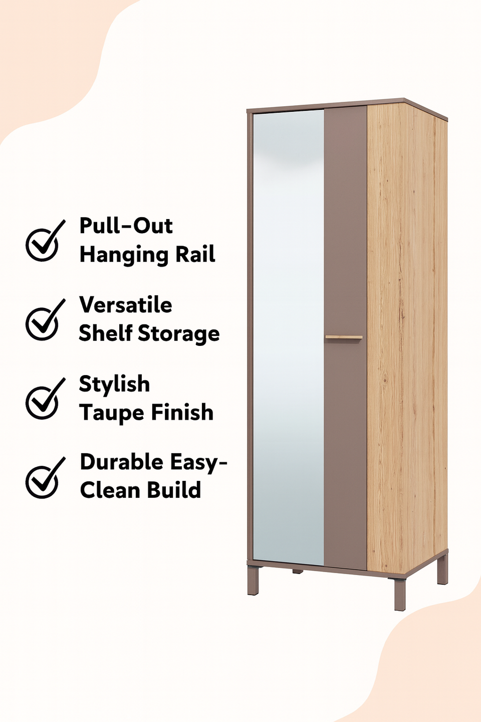 Slim Lavish Kitchen Isle cashmere taupe and oak effect wardrobe with hanging rail and shelves, featuring mirrored wooden doors.
