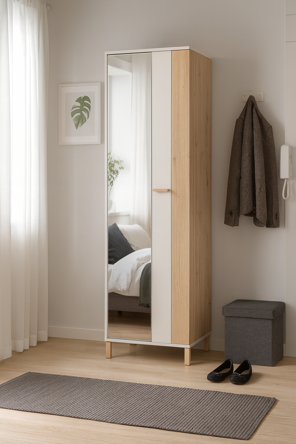 Lavish Kitchen Isle slim cashmere taupe wardrobe with oak effect finish, hanging rail, and shelves in use.