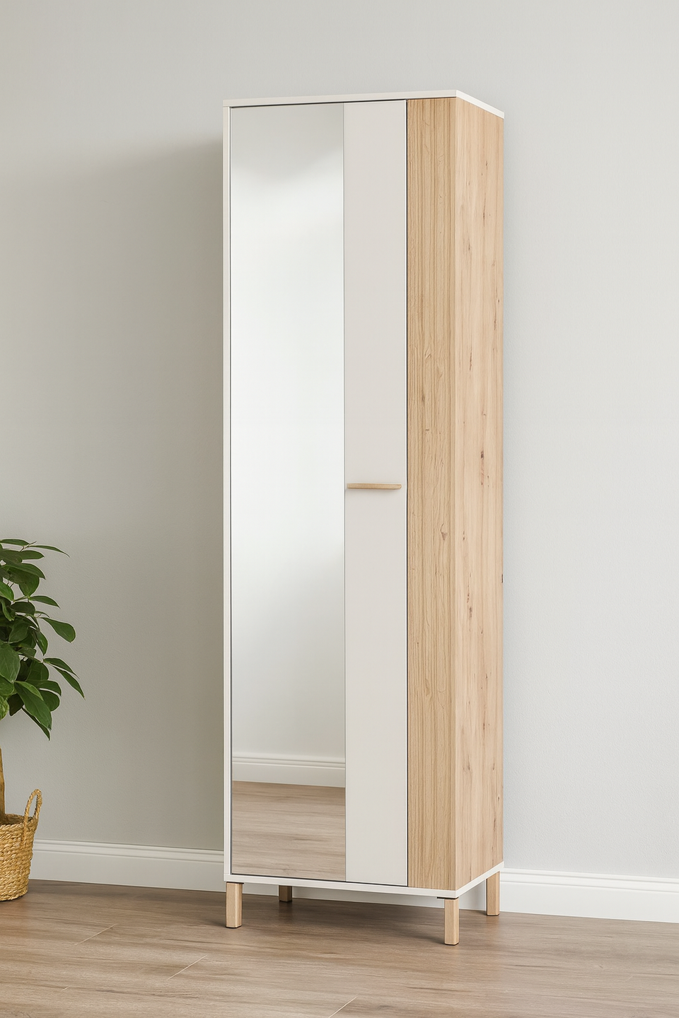 Slim Lavish Kitchen Isle cashmere taupe wardrobe with oak effect finish, hanging rail, and shelves in use.