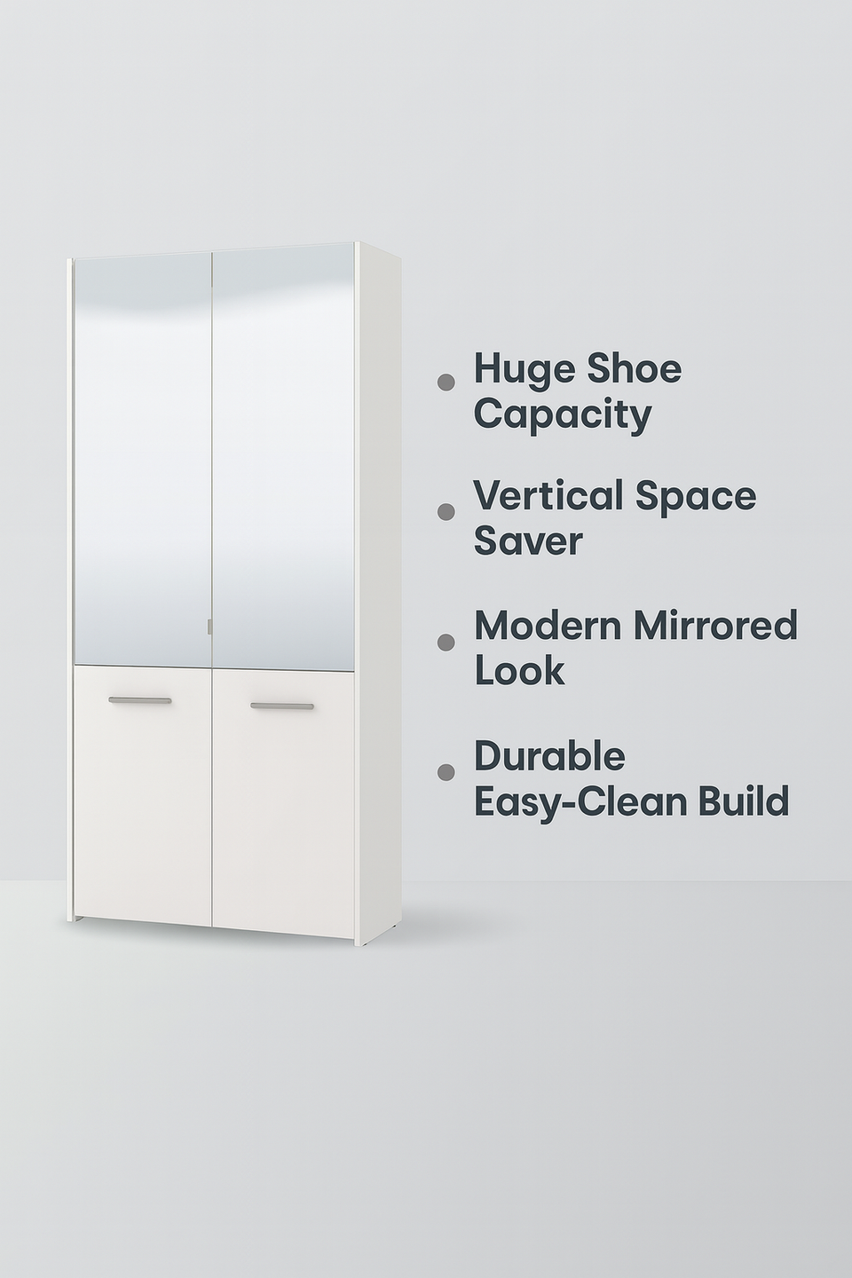 Tall White Mirrored Shoe Storage Cabinet – Holds 50 Pairs