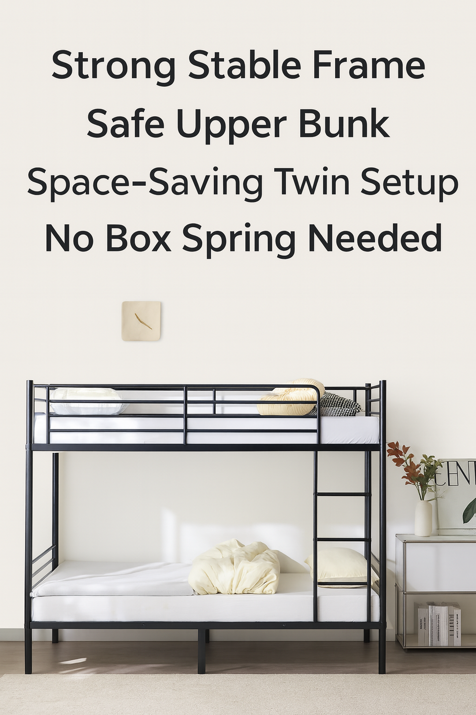 Iron Bed Bunk Bed with Ladder for Kids Twin Size Black