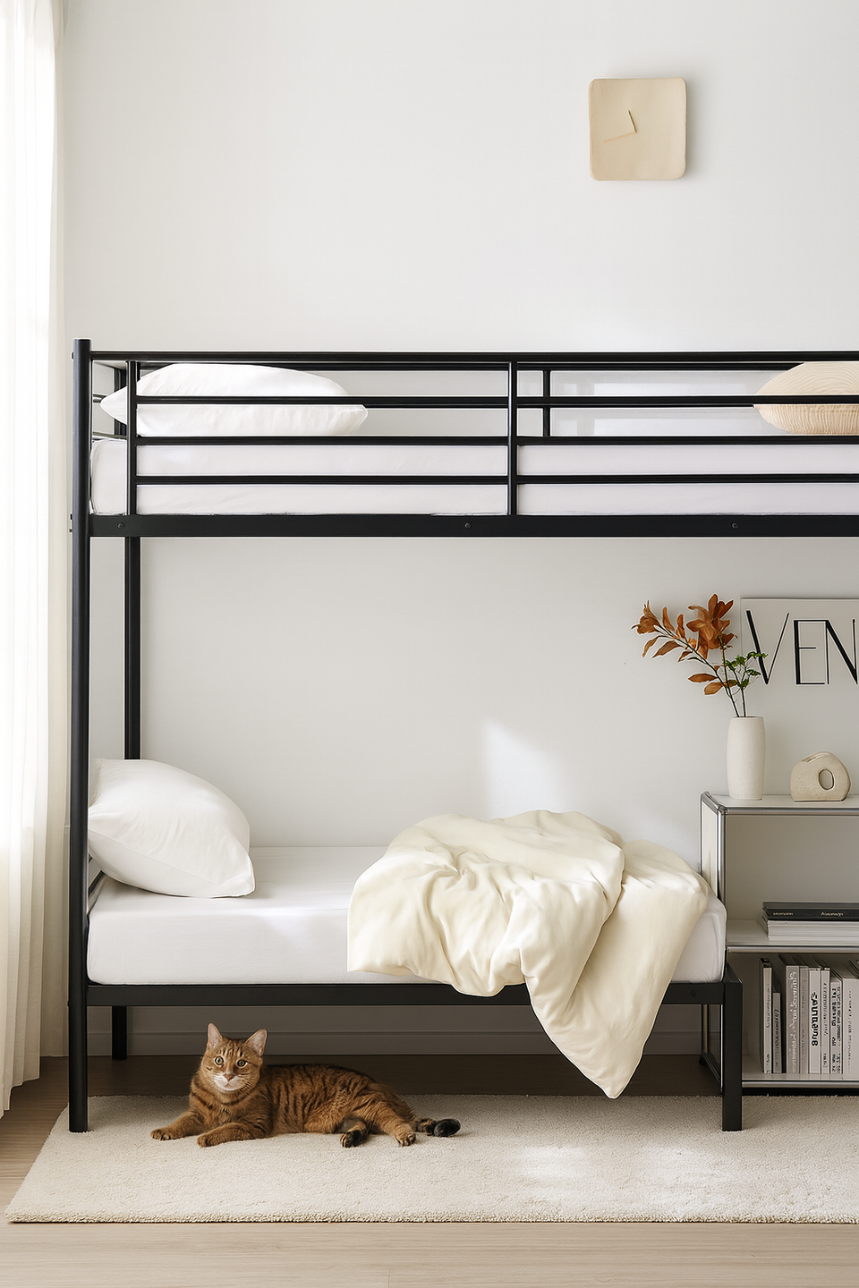 Iron Bed Bunk Bed with Ladder for Kids Twin Size Black