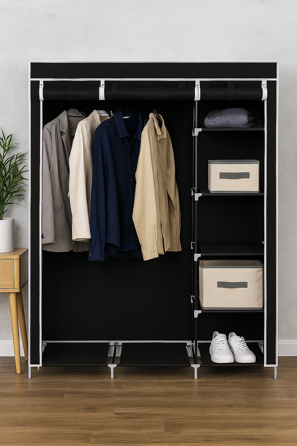 69" Portable Clothes Closet Non-Woven Fabric Wardrobe Double Rod Storage Organizer Black