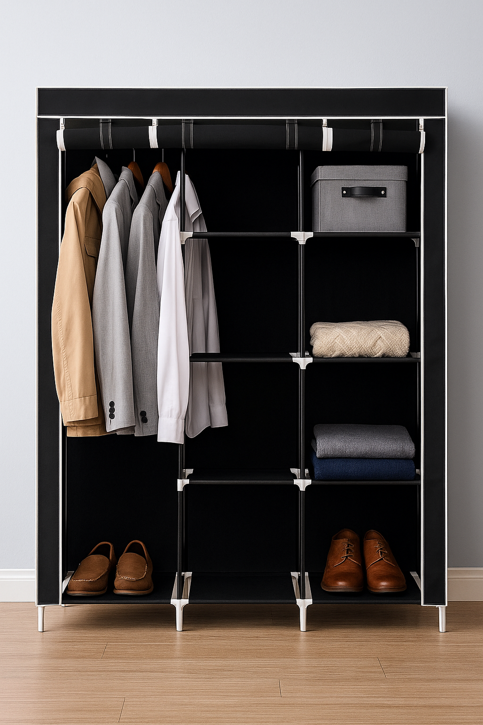 69" Portable Clothes Closet Non-Woven Fabric Wardrobe Double Rod Storage Organizer Black