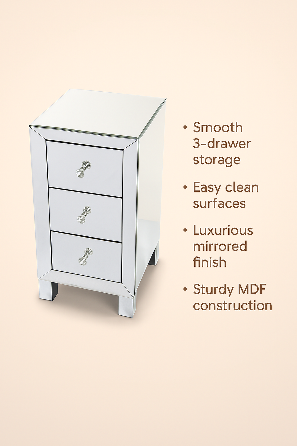 Mirrored 3 Drawer Bedside Table – Modern Glass Nightstand with Crystal Knobs 60cm