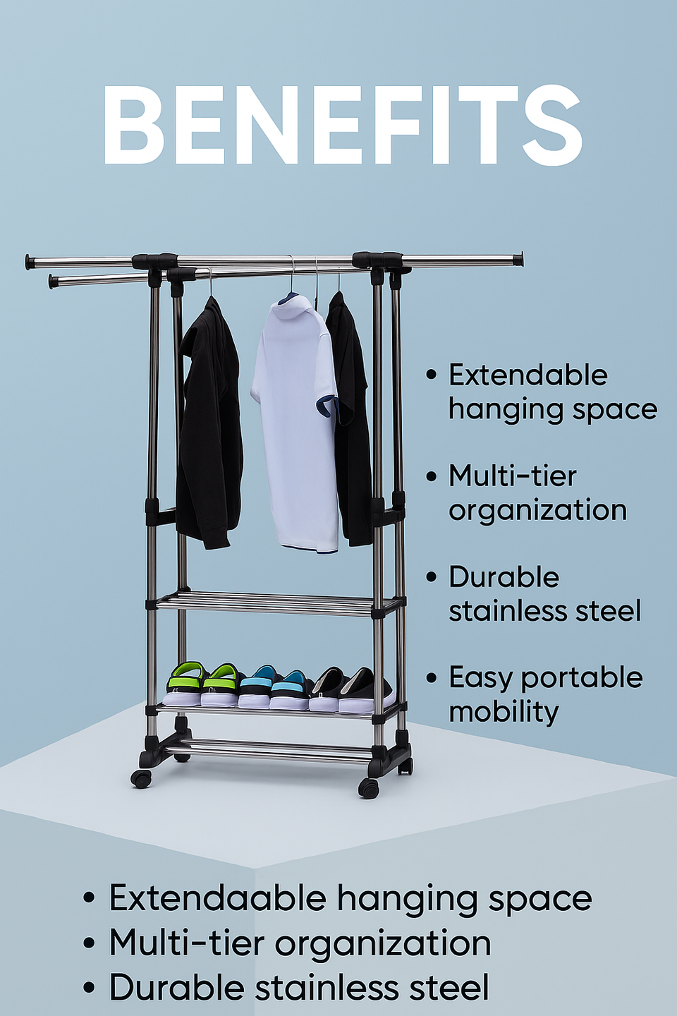 Dual Bars Horizontal & Vertical Telescope Style 3 Tiers Stainless Steel Clothing Garment Portable Wardrobe Shoe Rack B