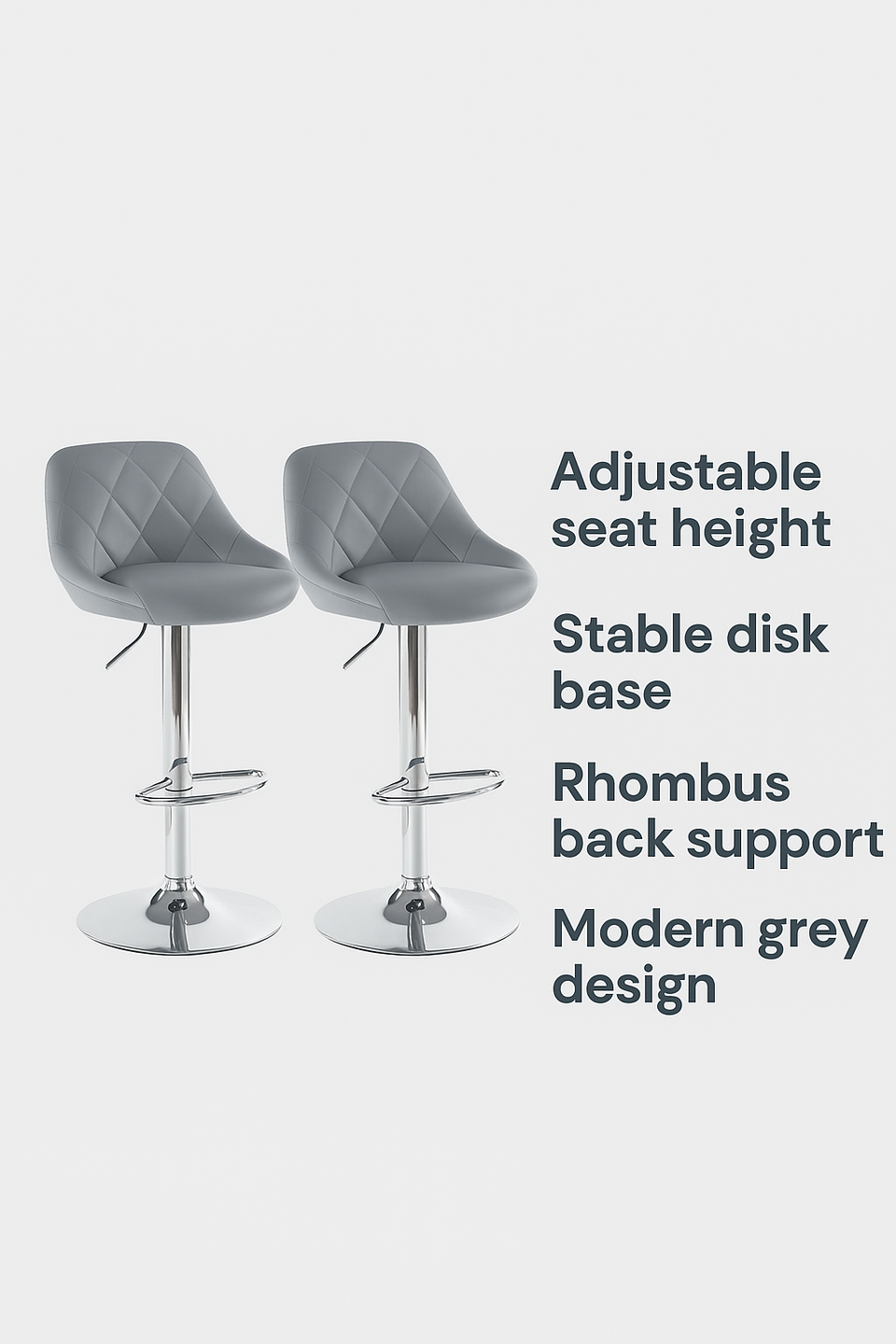 2pcs Adjustable Bar Stools Rhombus Backrest Grey PU Leather No Armrest Modern High Bar Stools for Kitchen and Bar Counters