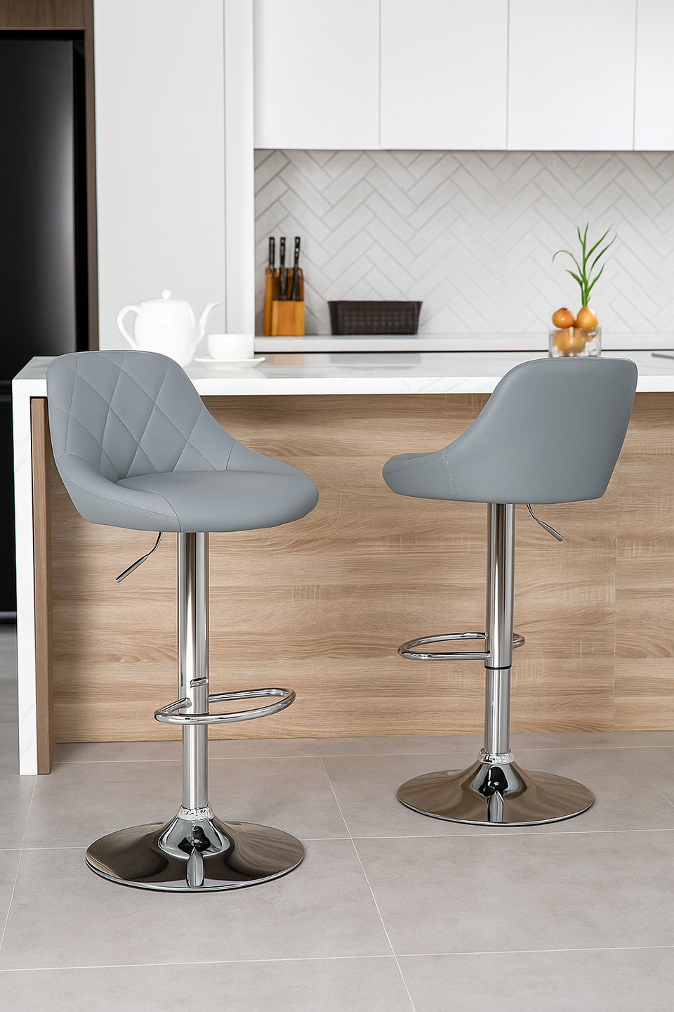 2pcs Adjustable Bar Stools Rhombus Backrest Grey PU Leather No Armrest Modern High Bar Stools for Kitchen and Bar Counters
