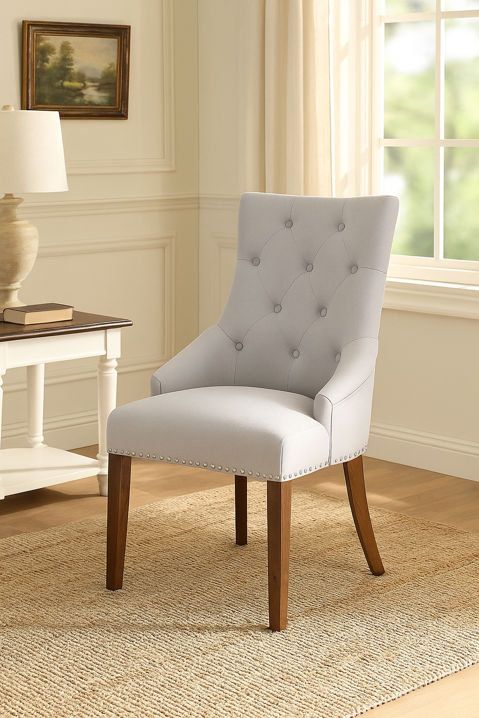 Walnut Accent Narrow Back Upholstered Dining Chair - Grey (Pack Of Two)