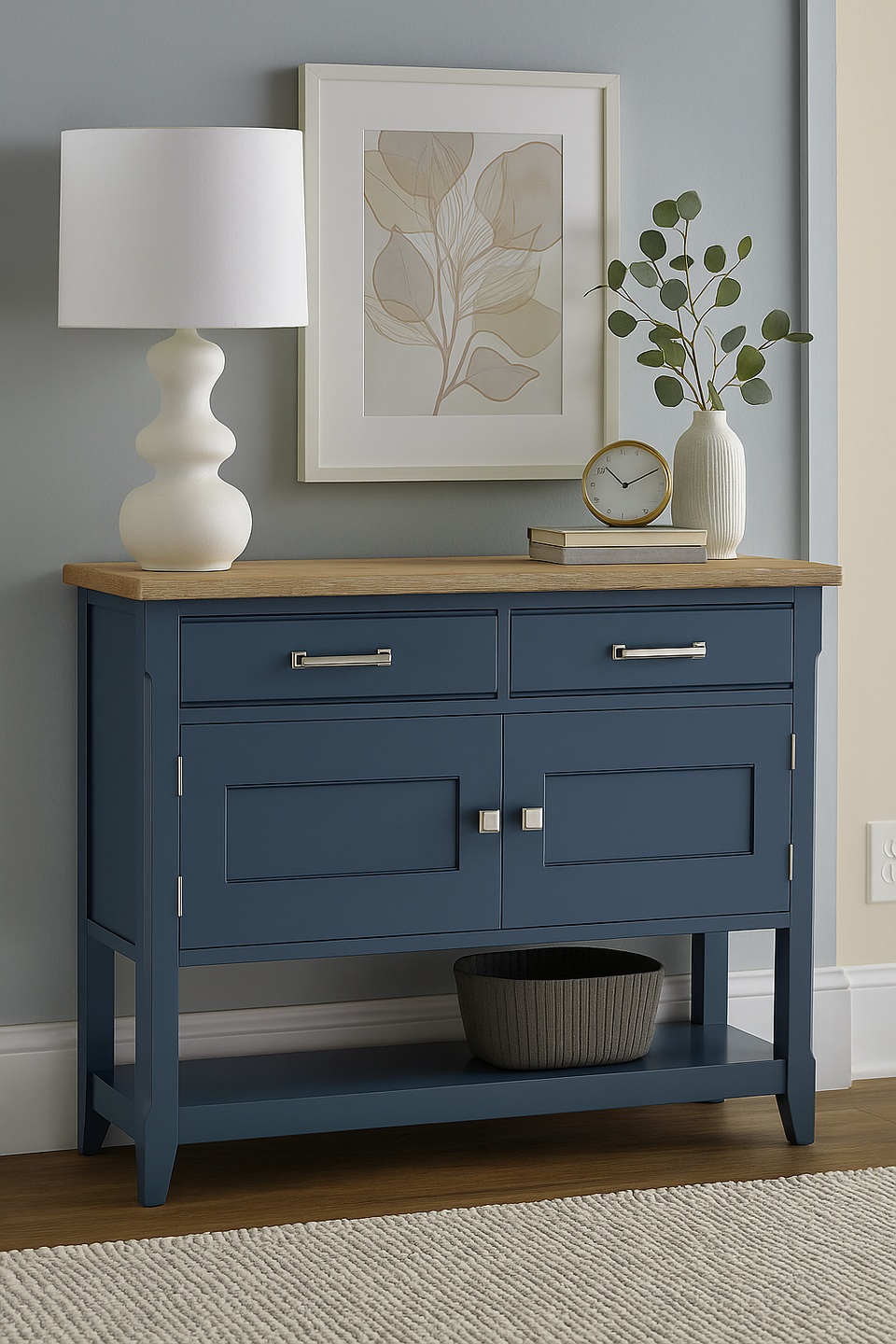 Baumhaus blue small sideboard in a modern living room setting, showcasing its sleek design and functional storage.