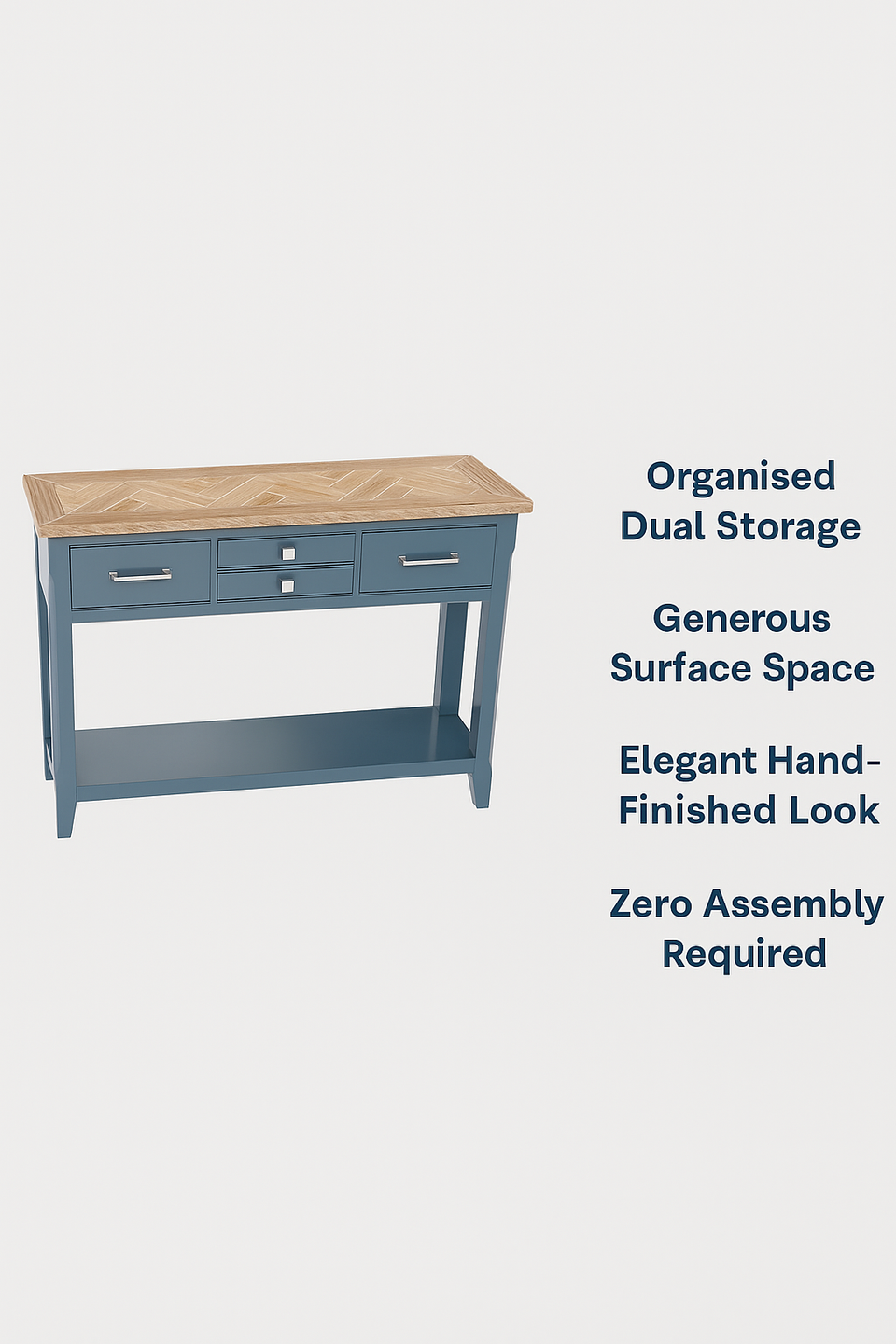 Baumhaus Signature Blue console table with elegant design, showcasing a stylish and modern sideboard in a bright setting.
