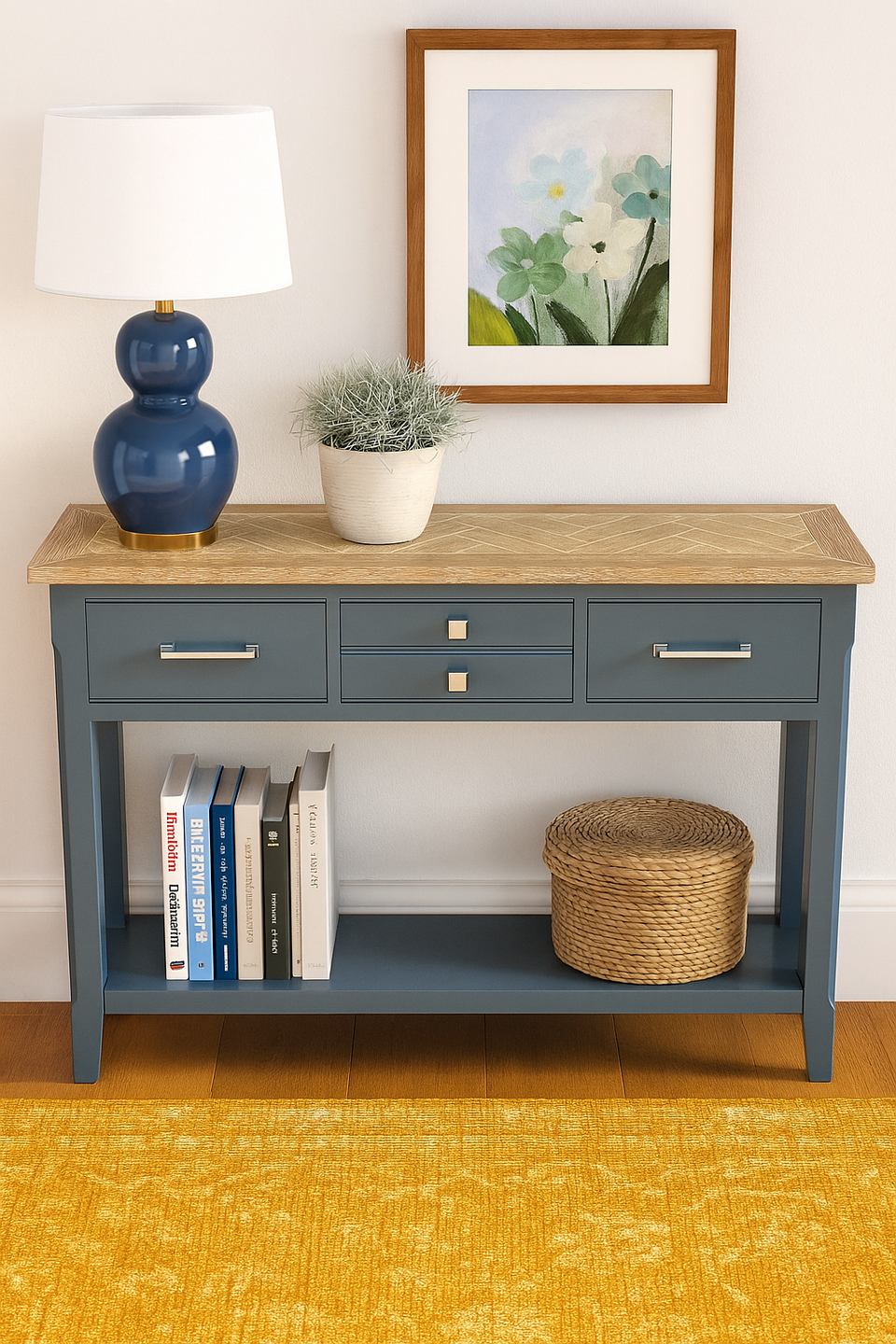 Baumhaus Signature Blue console table featuring a sleek design and elegant finish, displayed in a modern living space.