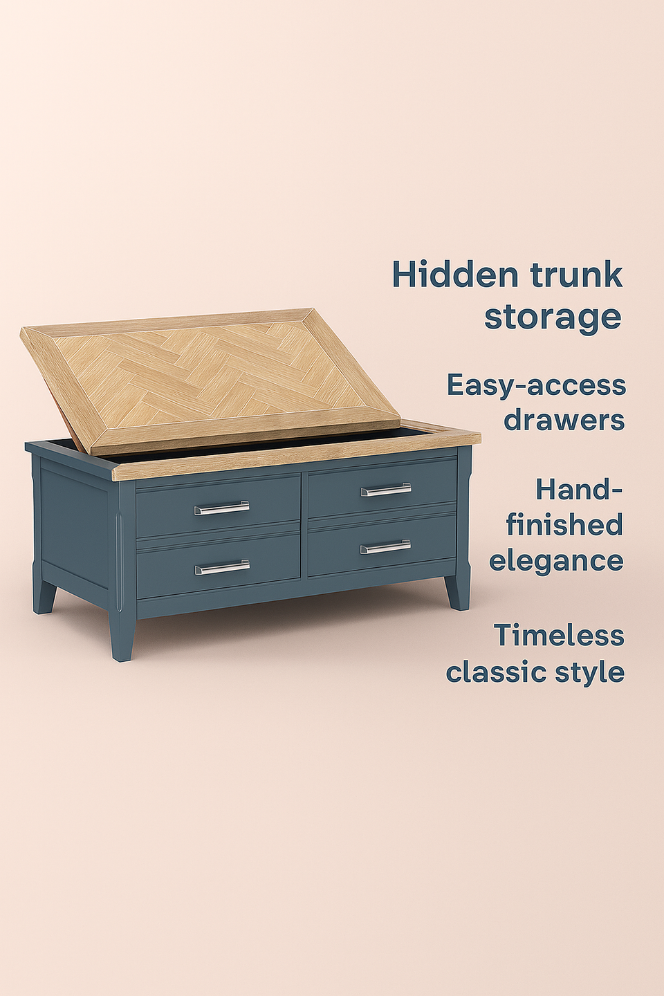 Signature Blue Coffee Table With Drawers & Hidden Storage Trunk - Lavish Kitchen Isle