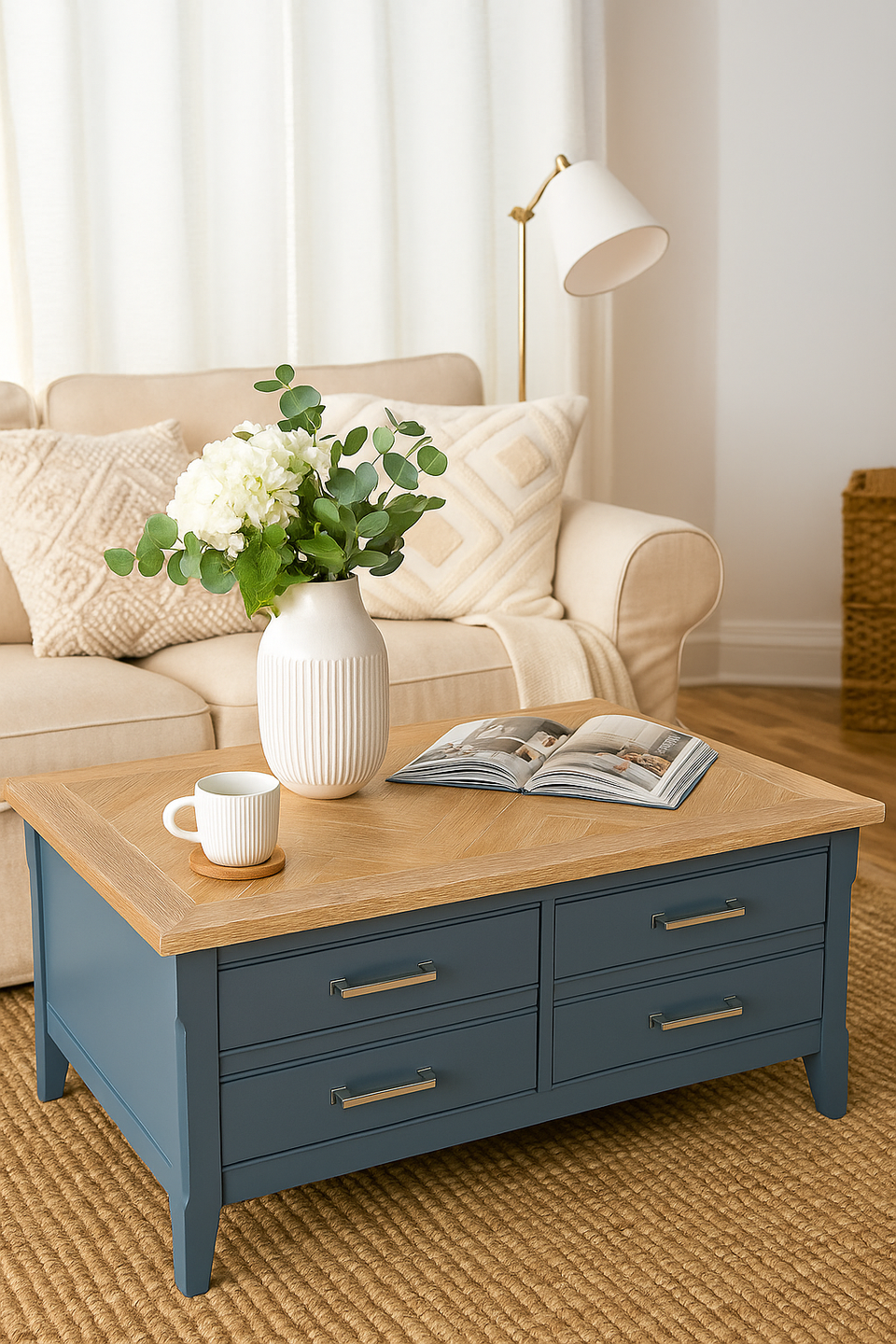 Signature Blue Coffee Table With Drawers & Hidden Storage Trunk - Lavish Kitchen Isle