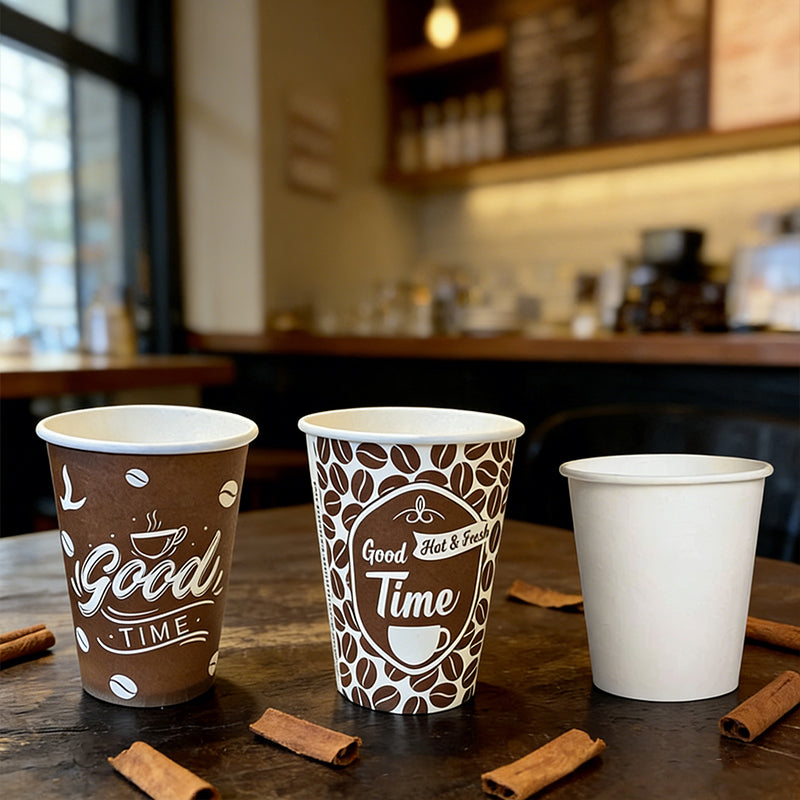 Set of 50 Lavish Kitchen Isle 8oz and 4oz paper cups in assorted colors for coffee, juice, and events, showing colorful paper cup variety.